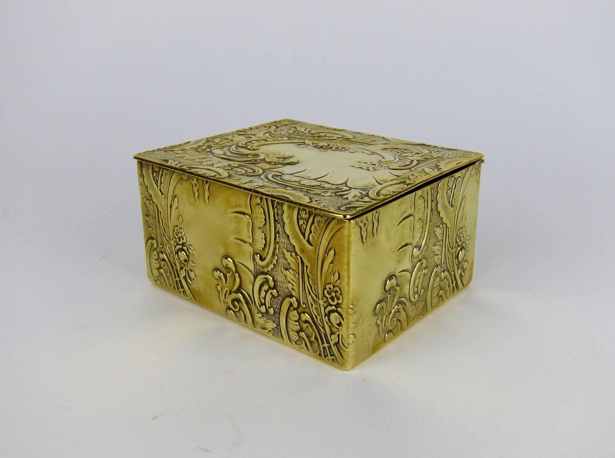 20th Century Antique Embossed Brass Box with Cedar Lining