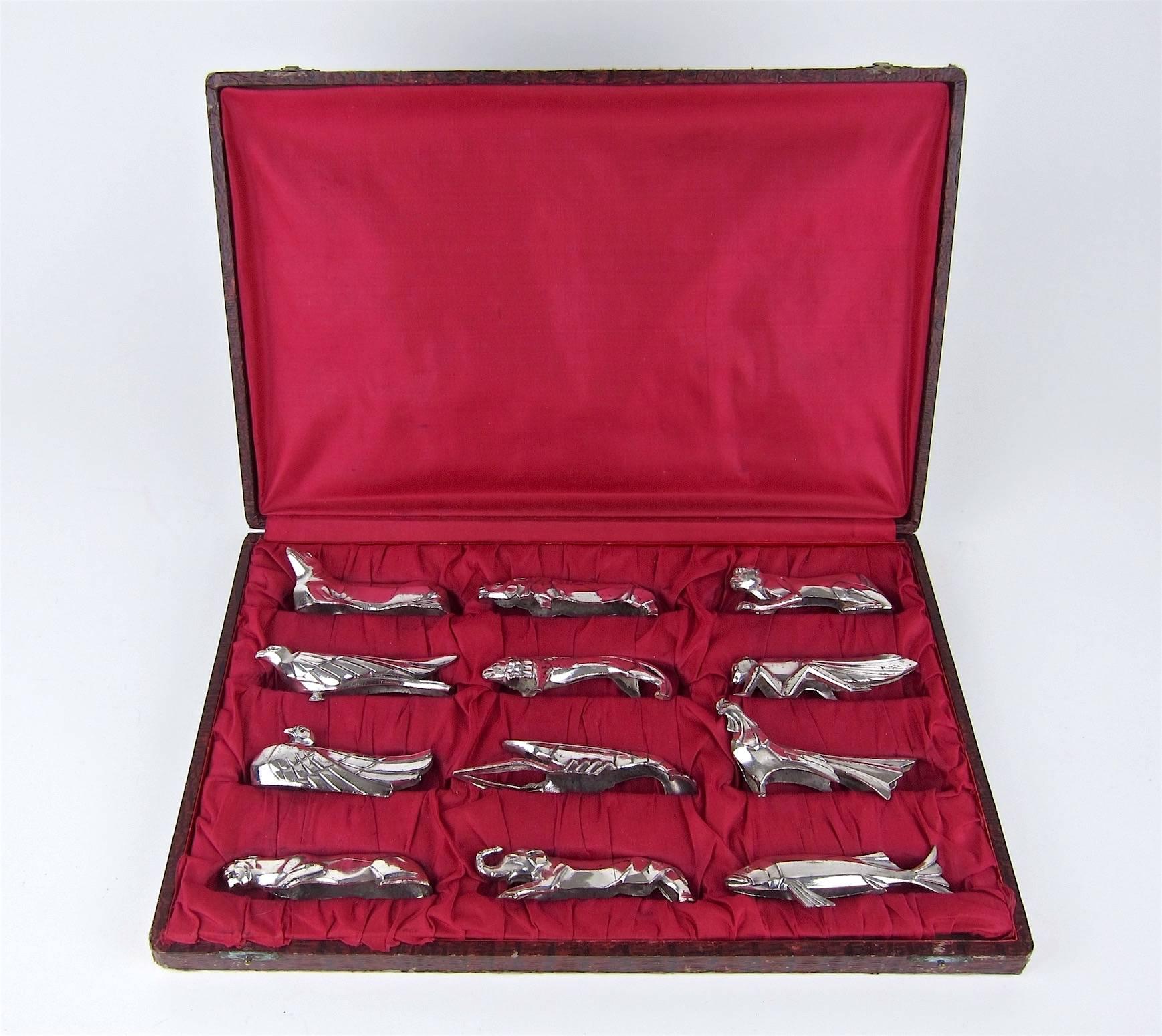 European Art Deco Animal Knife Rest Set of 12 in Original Fitted Box