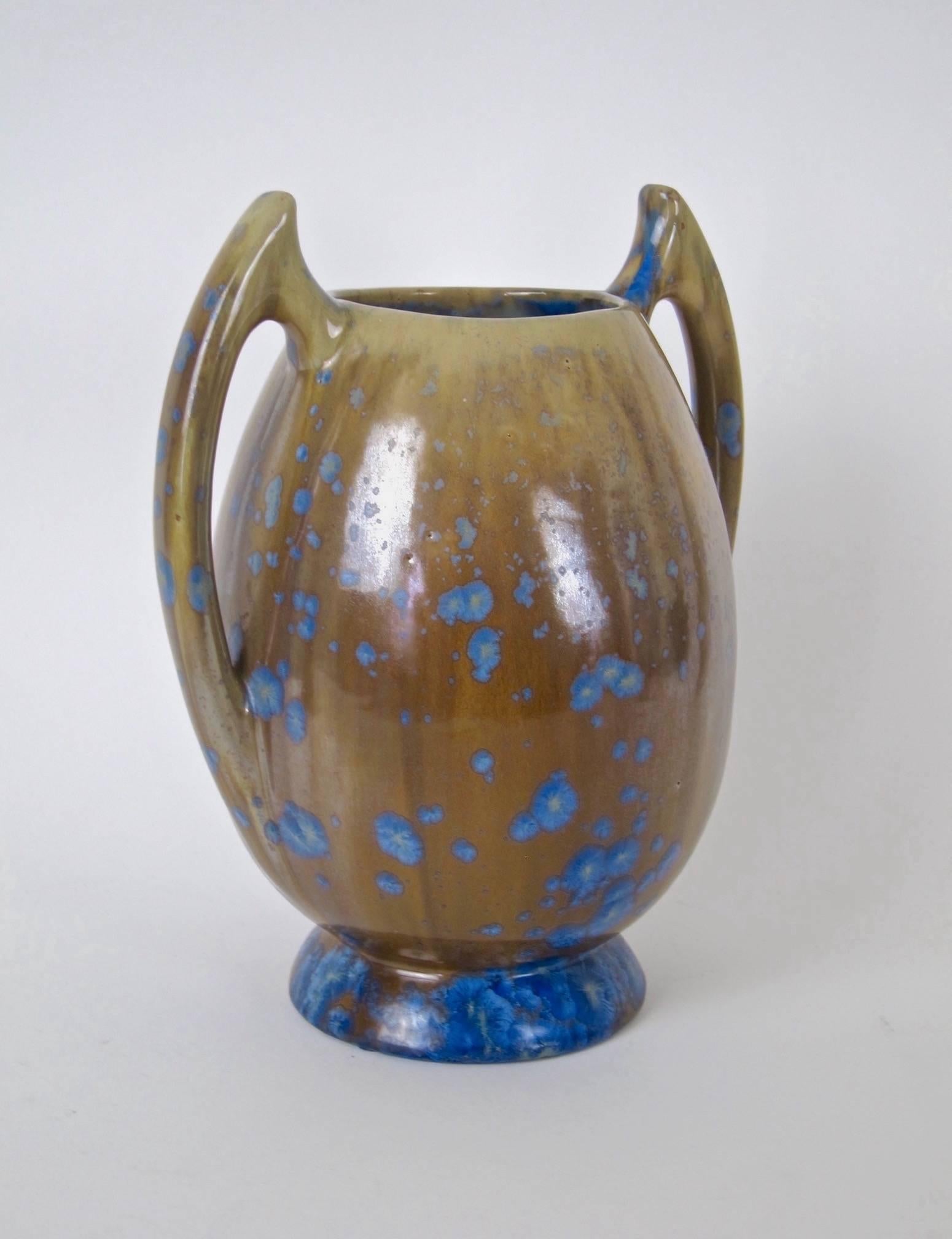 Glazed French Pierrefonds Art Nouveau Batwing Stoneware Vase with Crystalline Glaze