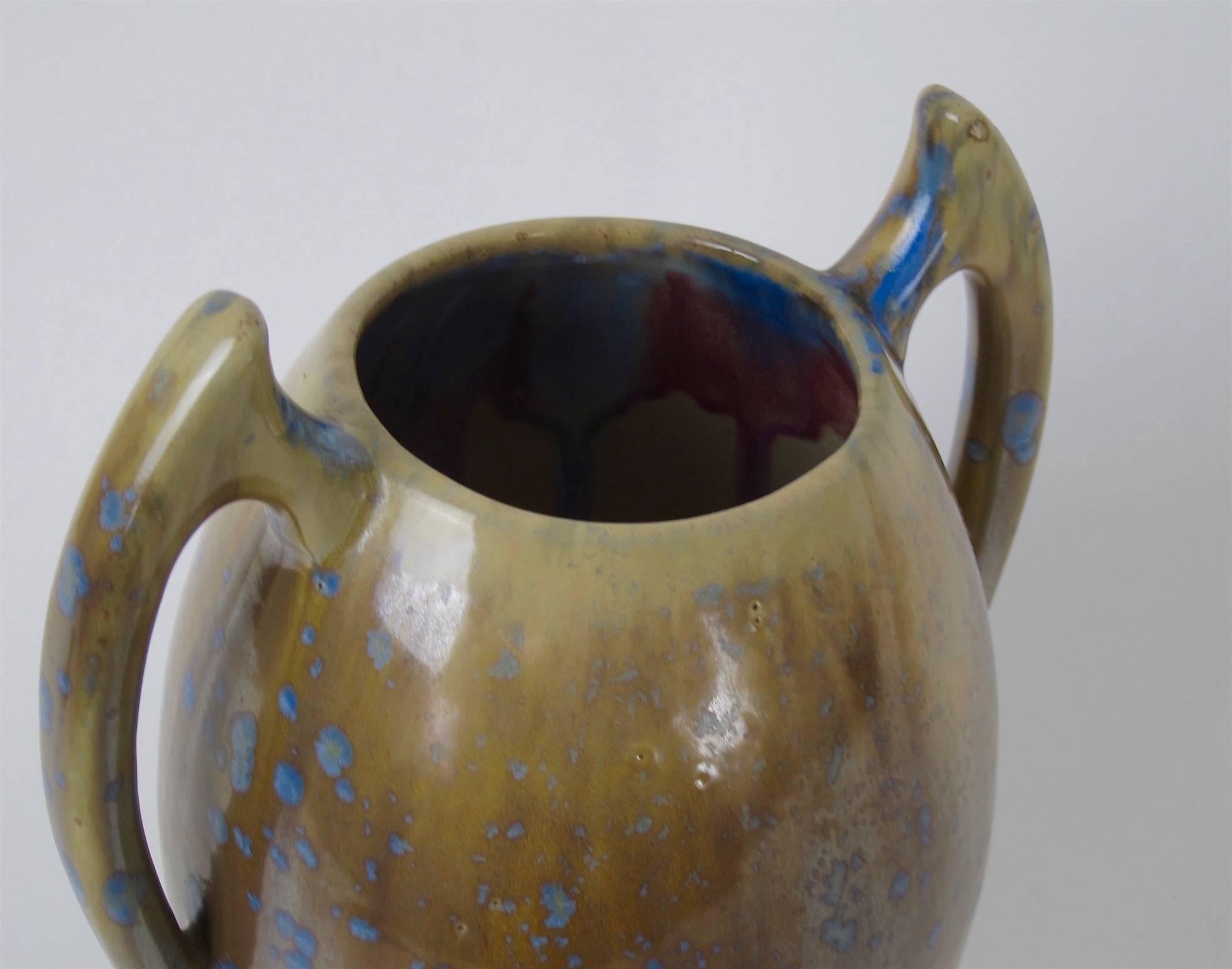 Ceramic French Pierrefonds Art Nouveau Batwing Stoneware Vase with Crystalline Glaze
