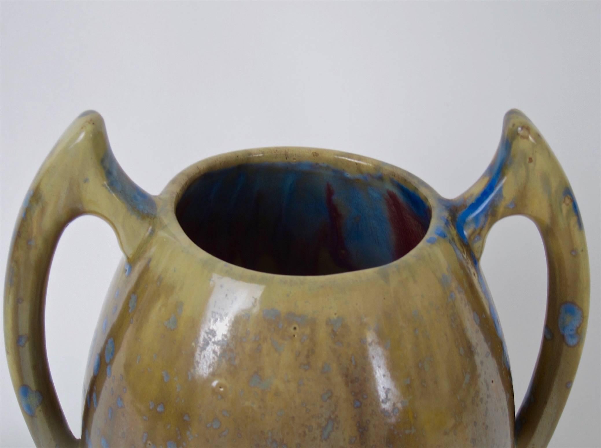 French Pierrefonds Art Nouveau Batwing Stoneware Vase with Crystalline Glaze 1