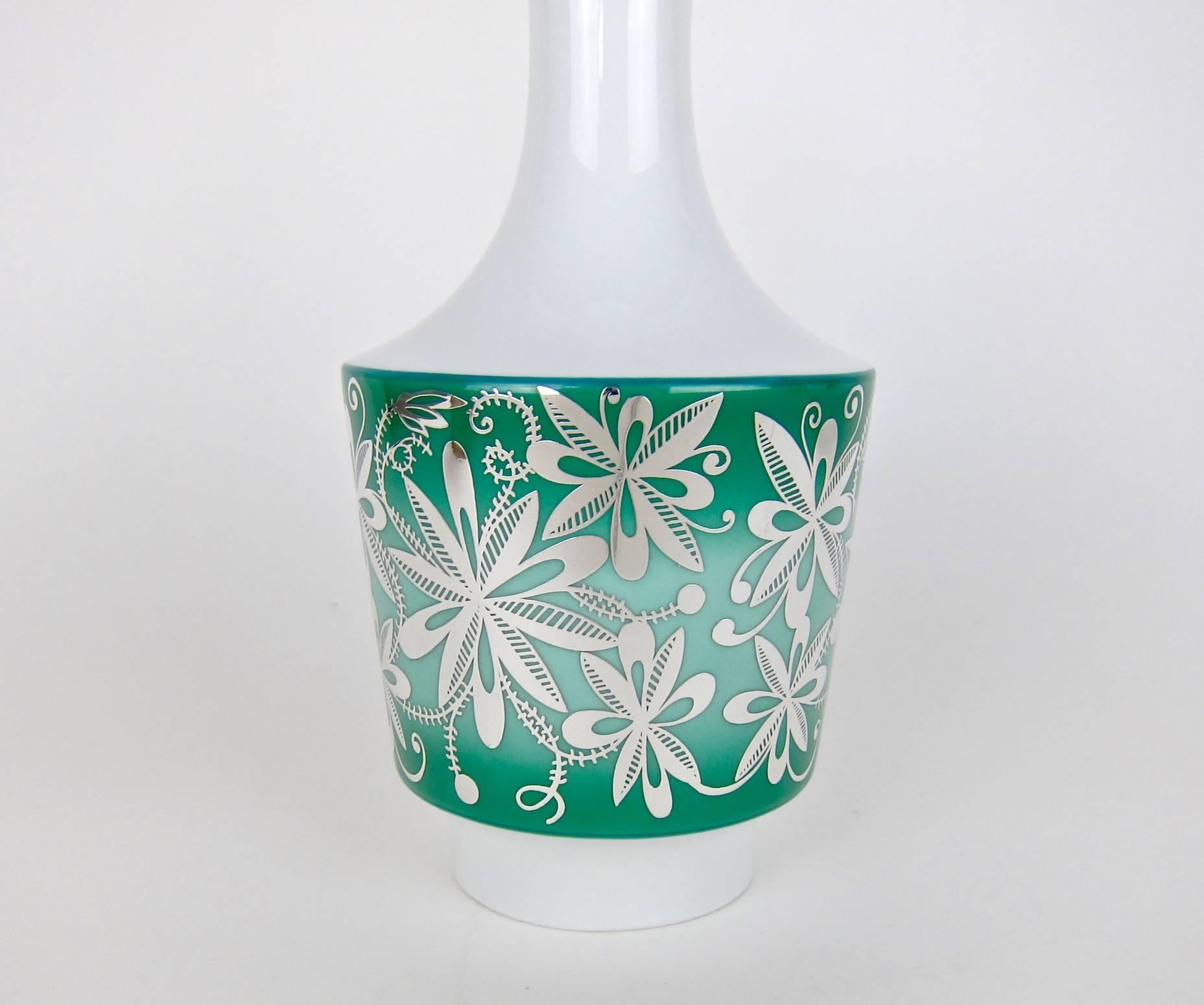 Mid-Century Modern Silver Overlay Spahr & Co Porcelain Vase in Green and White For Sale