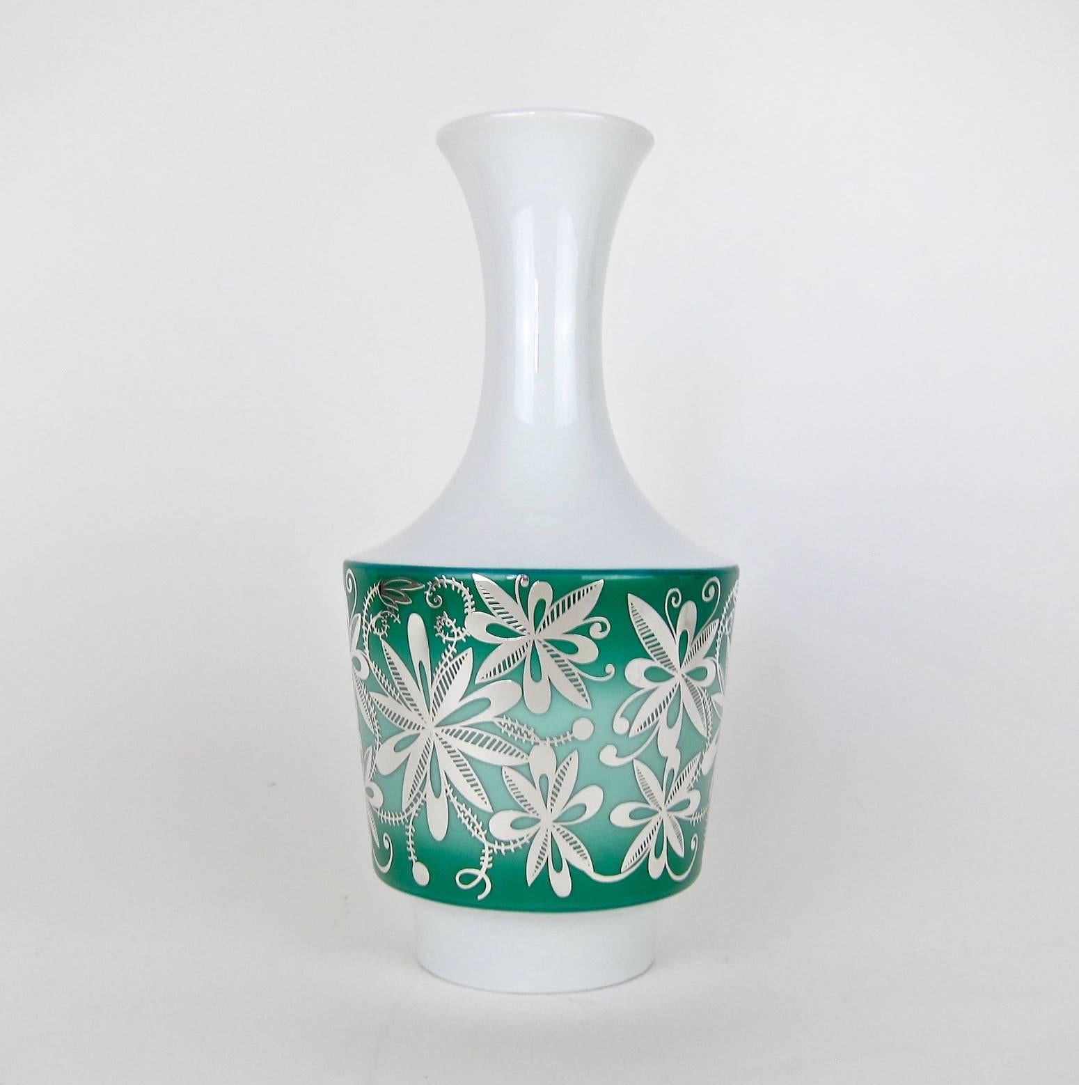 20th Century Silver Overlay Spahr & Co Porcelain Vase in Green and White For Sale