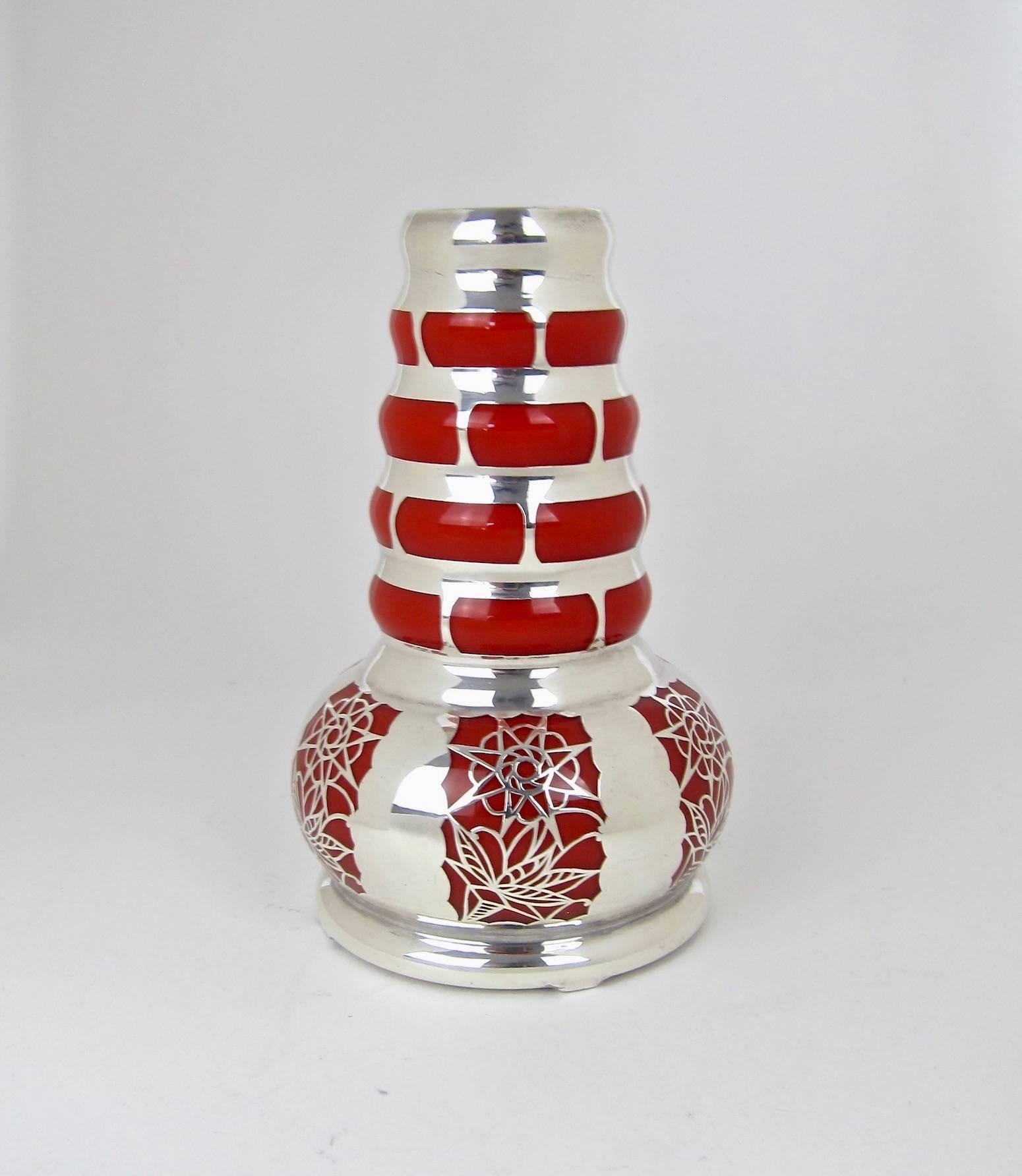 German Vintage Silver Overlay Continental Glass Vase