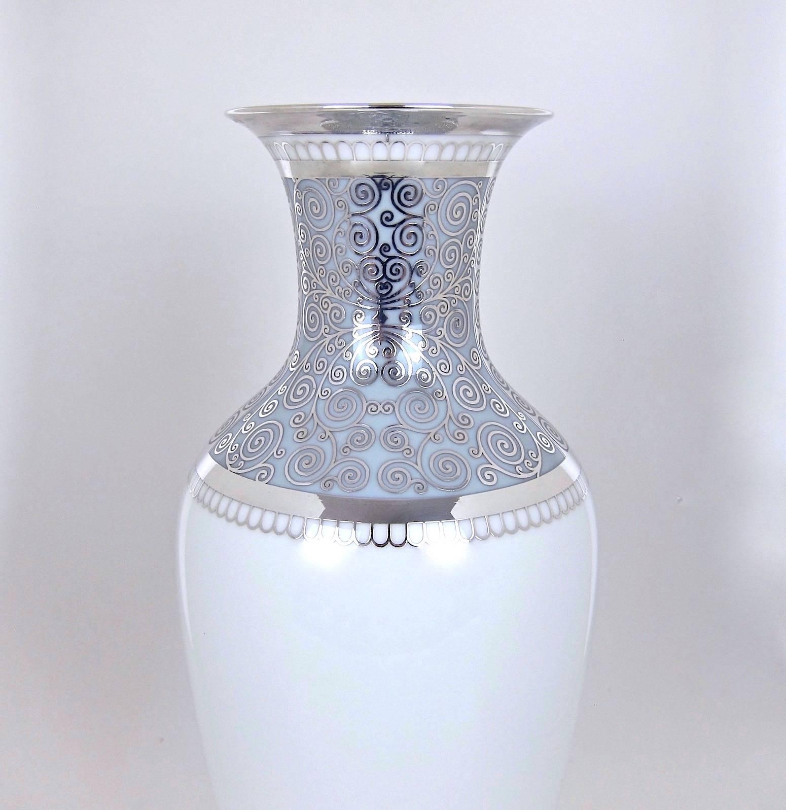 Large Rosenthal Porcelain Silver Overlay Vase In Good Condition In Los Angeles, CA