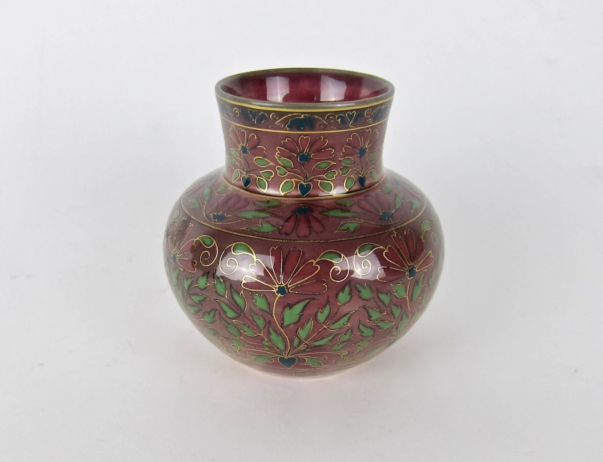 Victorian Zsolnay Pecs Porcelain Faience Vase in Jewel Toned Cloisonne-Style 1