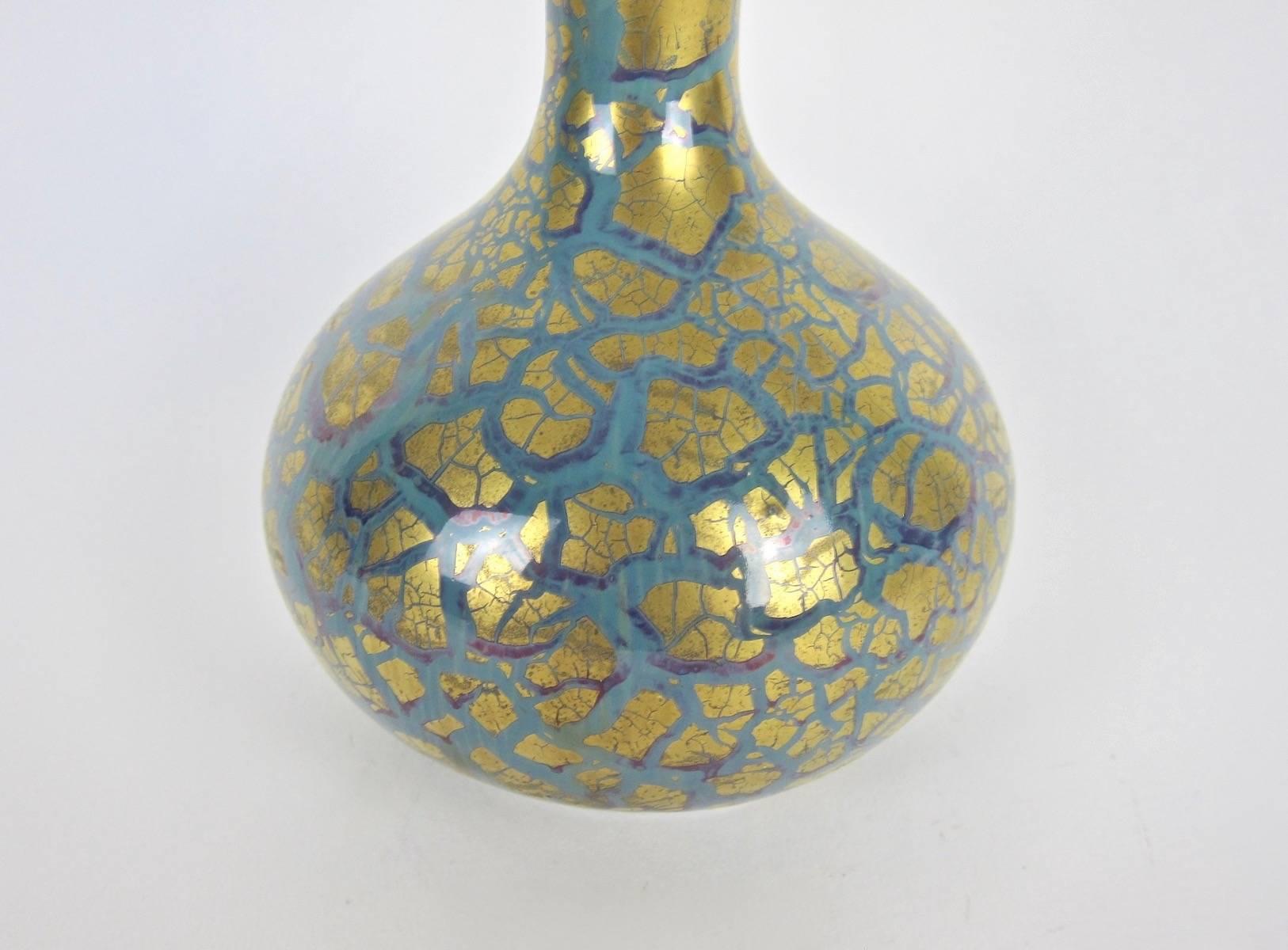 Ceramic French Mougin Freres Art Nouveau Vase with Golden Metallic Glaze