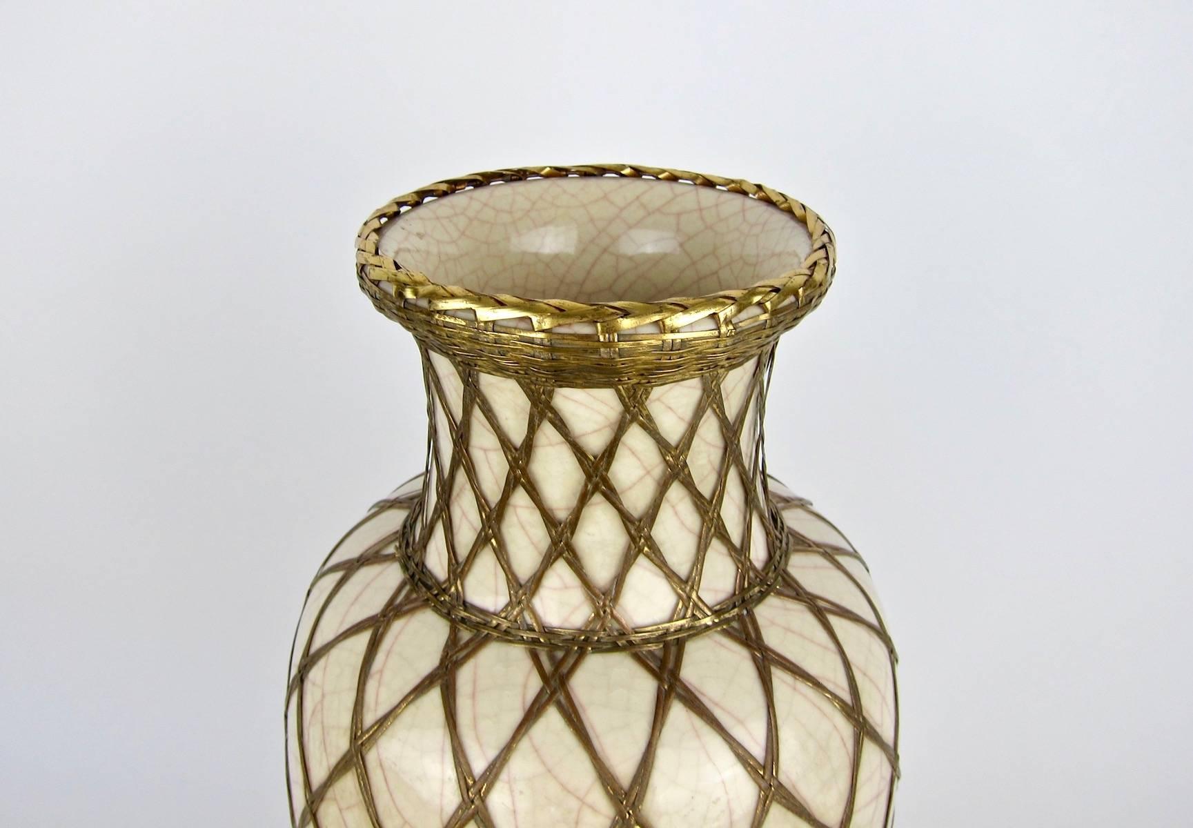 Glazed Large Japanese Pottery Vase with Craquelure Glaze and Basket Weave Overlay