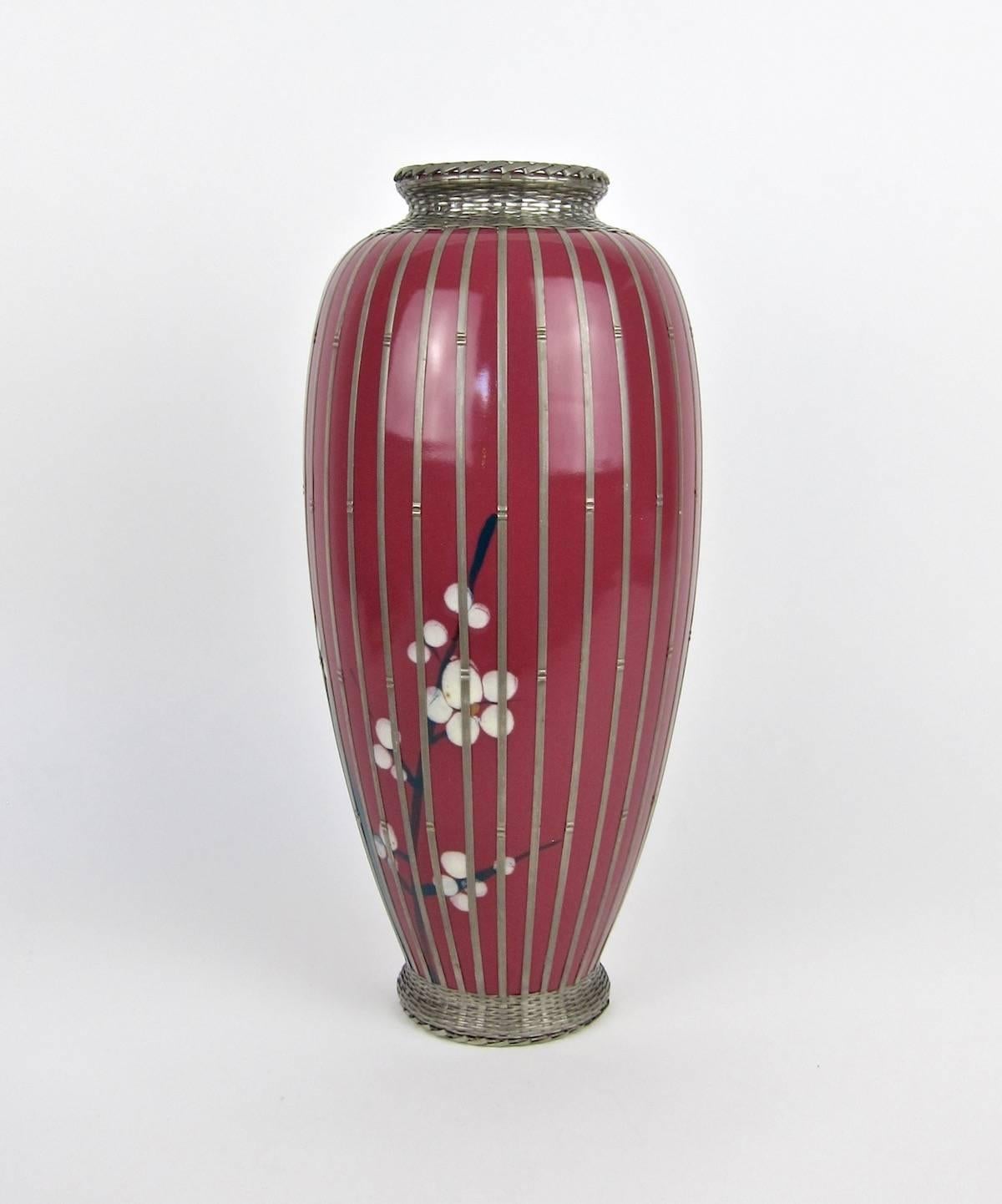 Early 20th Century Japanese Glazed Pottery Prunus Vase with Basket Weave Overlay In Good Condition In Los Angeles, CA