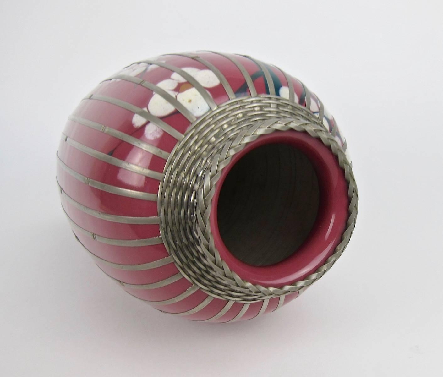 Early 20th Century Japanese Glazed Pottery Prunus Vase with Basket Weave Overlay 1