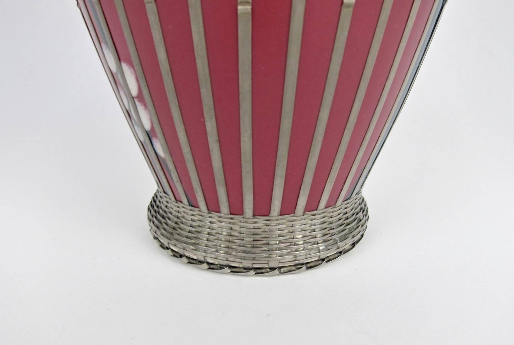 Early 20th Century Japanese Glazed Pottery Prunus Vase with Basket Weave Overlay 4