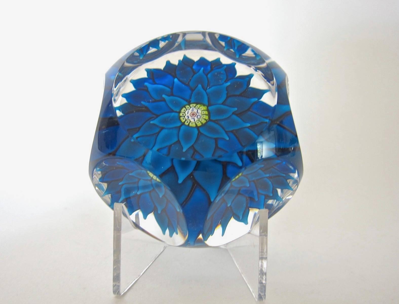 Modern Vintage Saint Louis Blue Dahlia Faceted French Paperweight 1970 