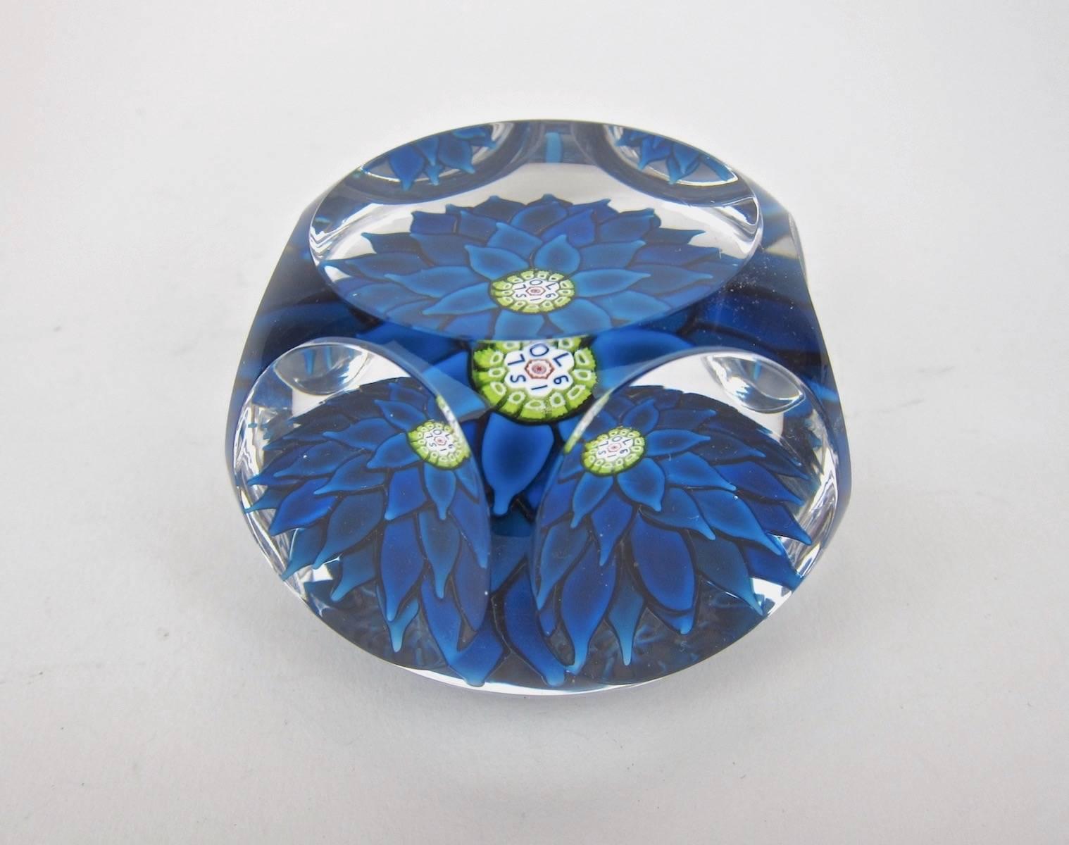 Hand-Crafted Vintage Saint Louis Blue Dahlia Faceted French Paperweight 1970 
