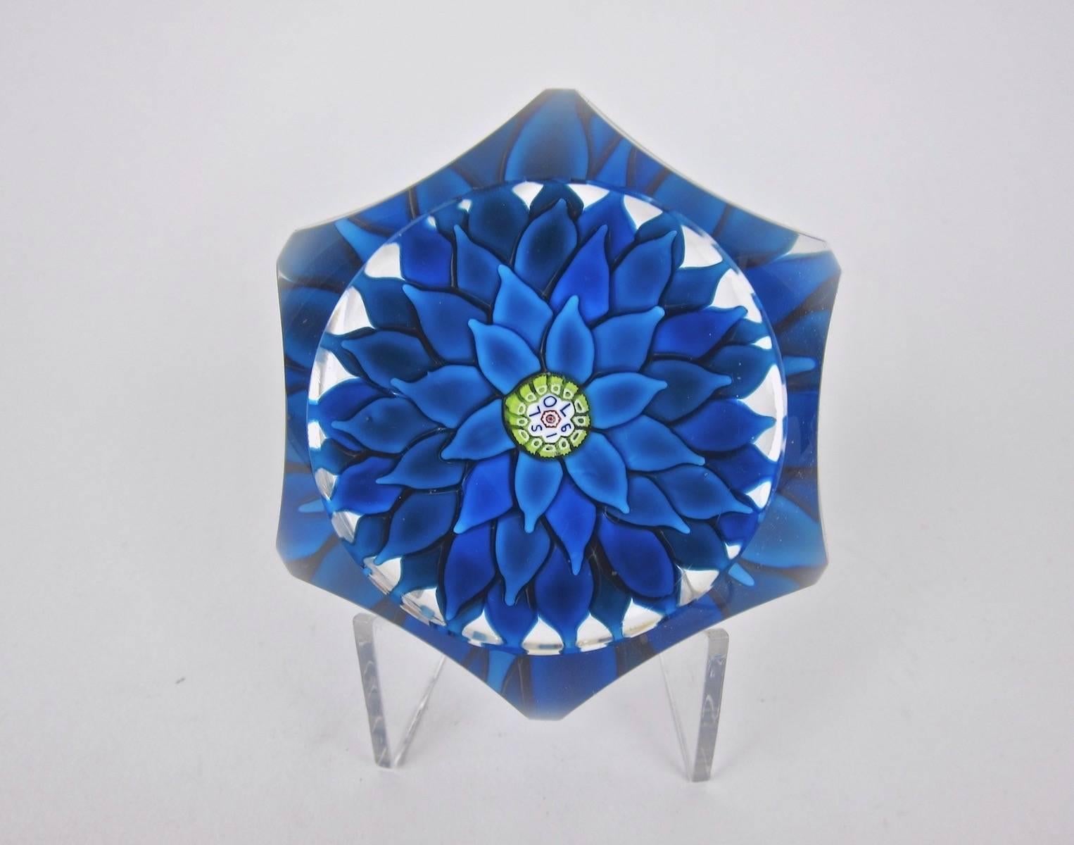 Vintage Saint Louis Blue Dahlia Faceted French Paperweight 1970  1