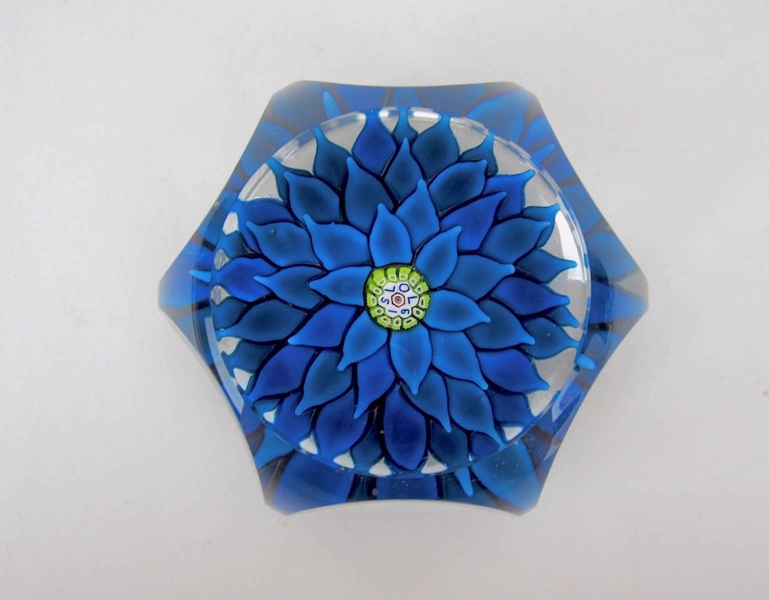 Art Glass Vintage Saint Louis Blue Dahlia Faceted French Paperweight 1970 