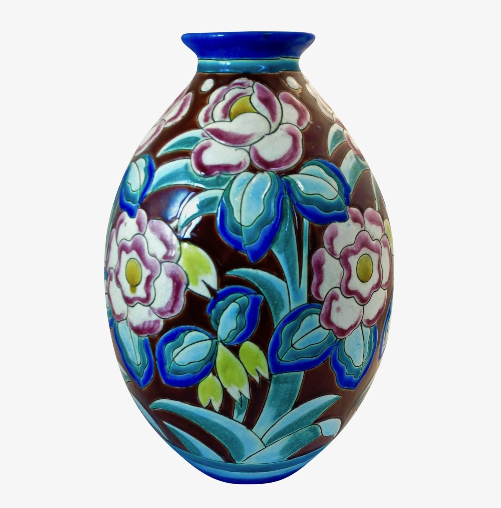 Glazed Large Art Deco Boch Freres Keramis Vase