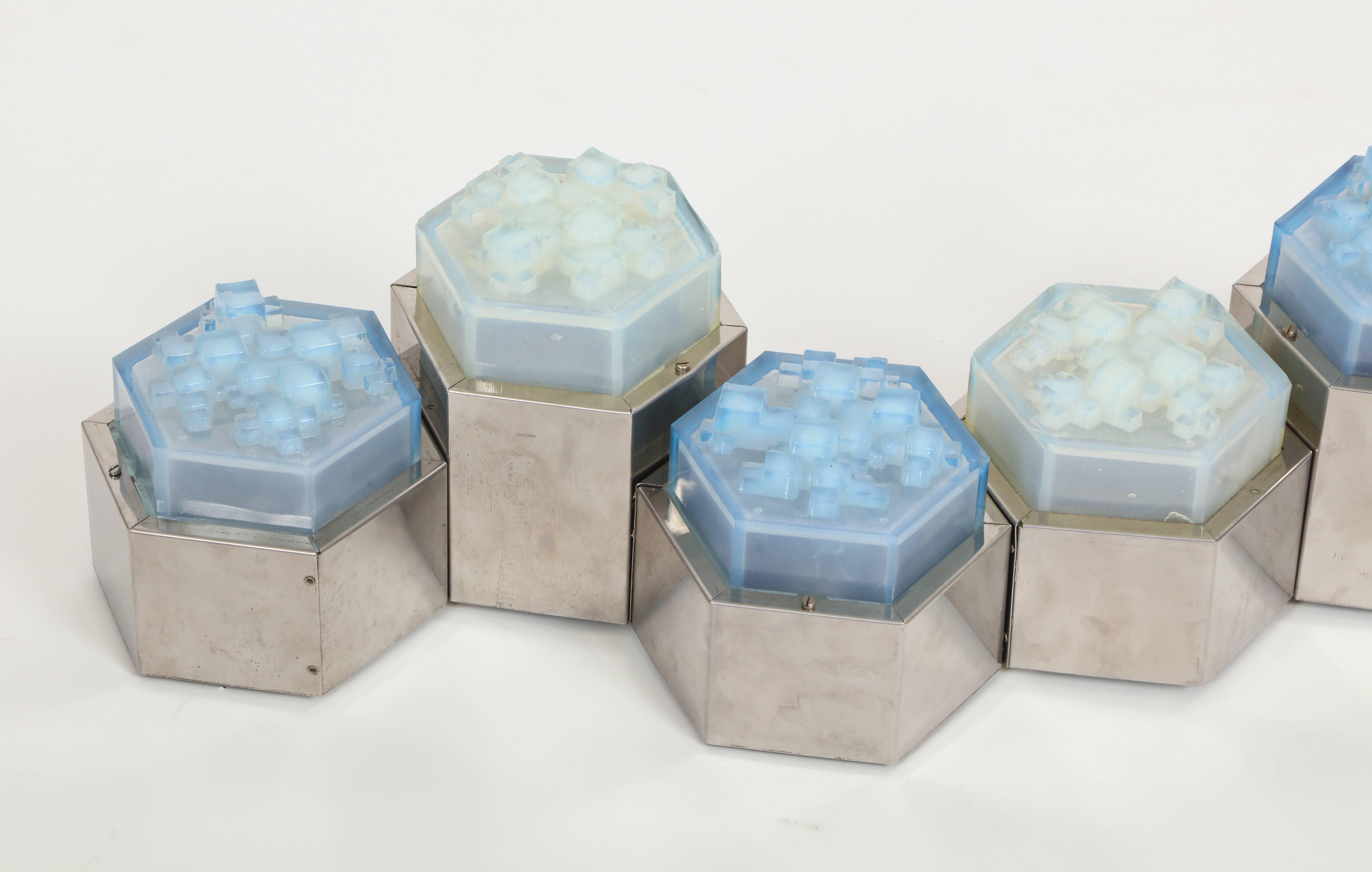 Hexagonal Wall Light Blue Chrome and Glass, style of Poliarte, 1960, 1970 Italian In Good Condition In New York, NY