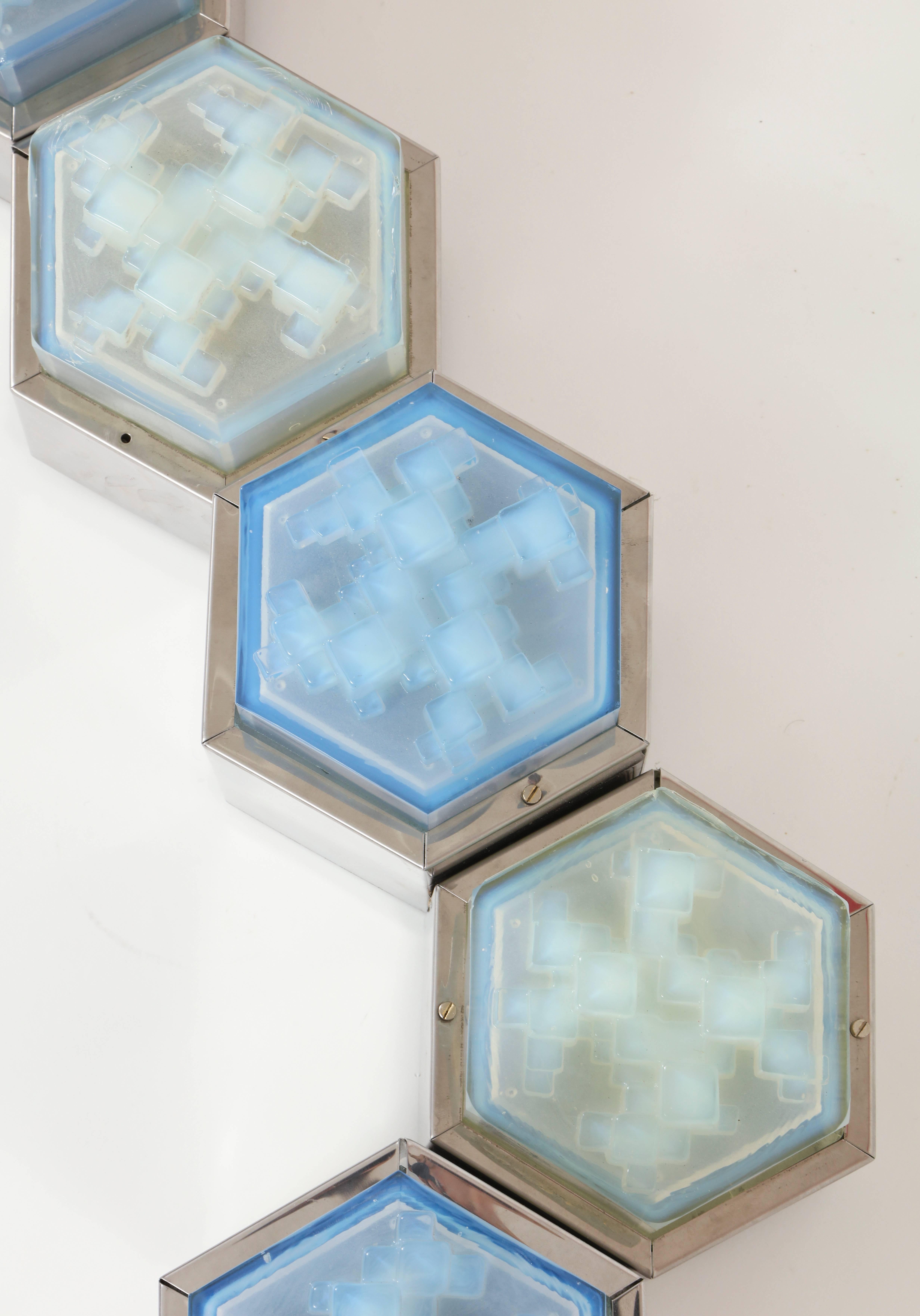 Hexagonal Wall Light Blue Chrome and Glass, style of Poliarte, 1960, 1970 Italian 1