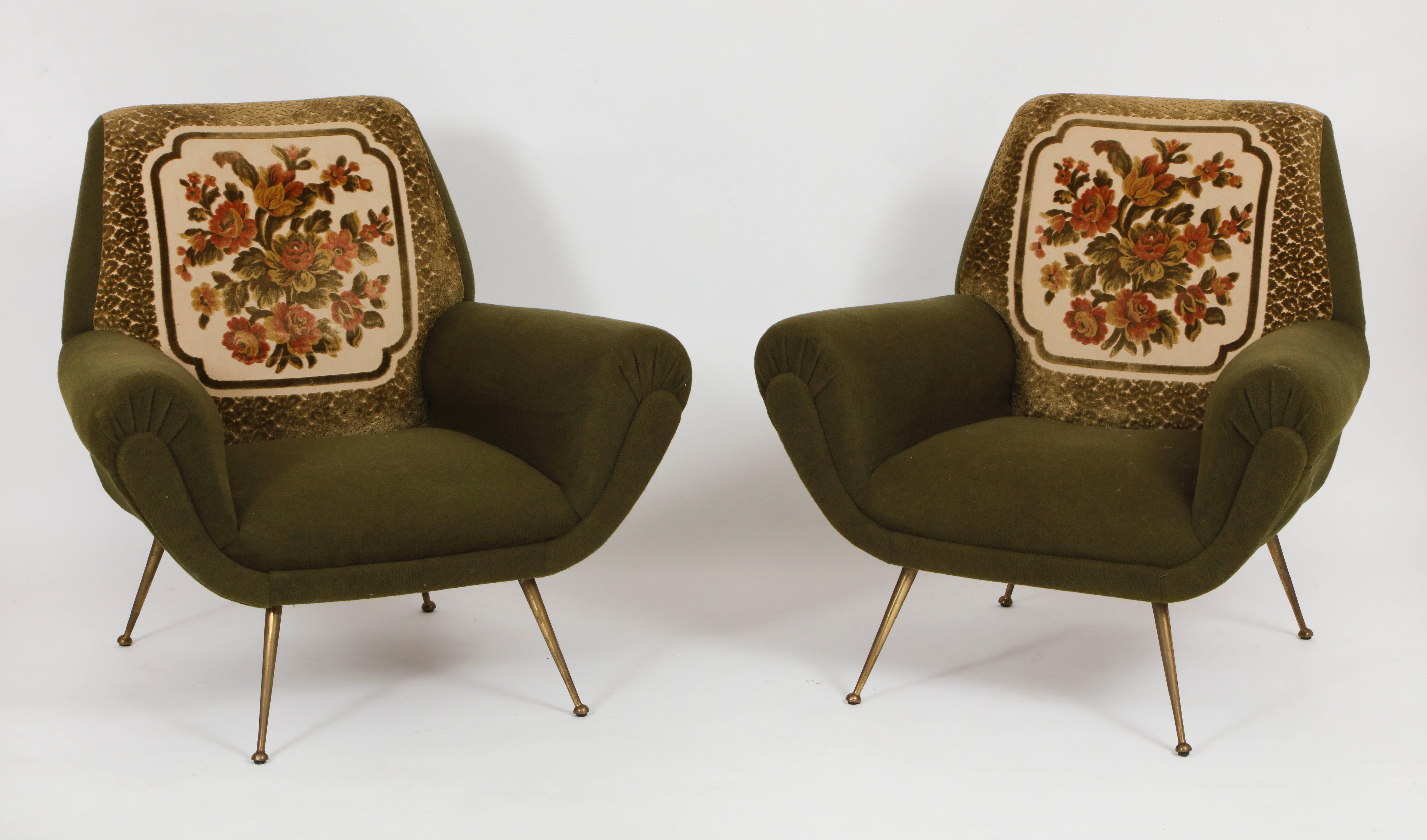 Italian Mid-Century Green Lounge Chairs Bronze Gigi Radice Minotti Original 1950 In Good Condition In New York, NY