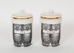 Fornasetti Porcelain Owl Canisters Tea and Sugar, Mid Century 1950