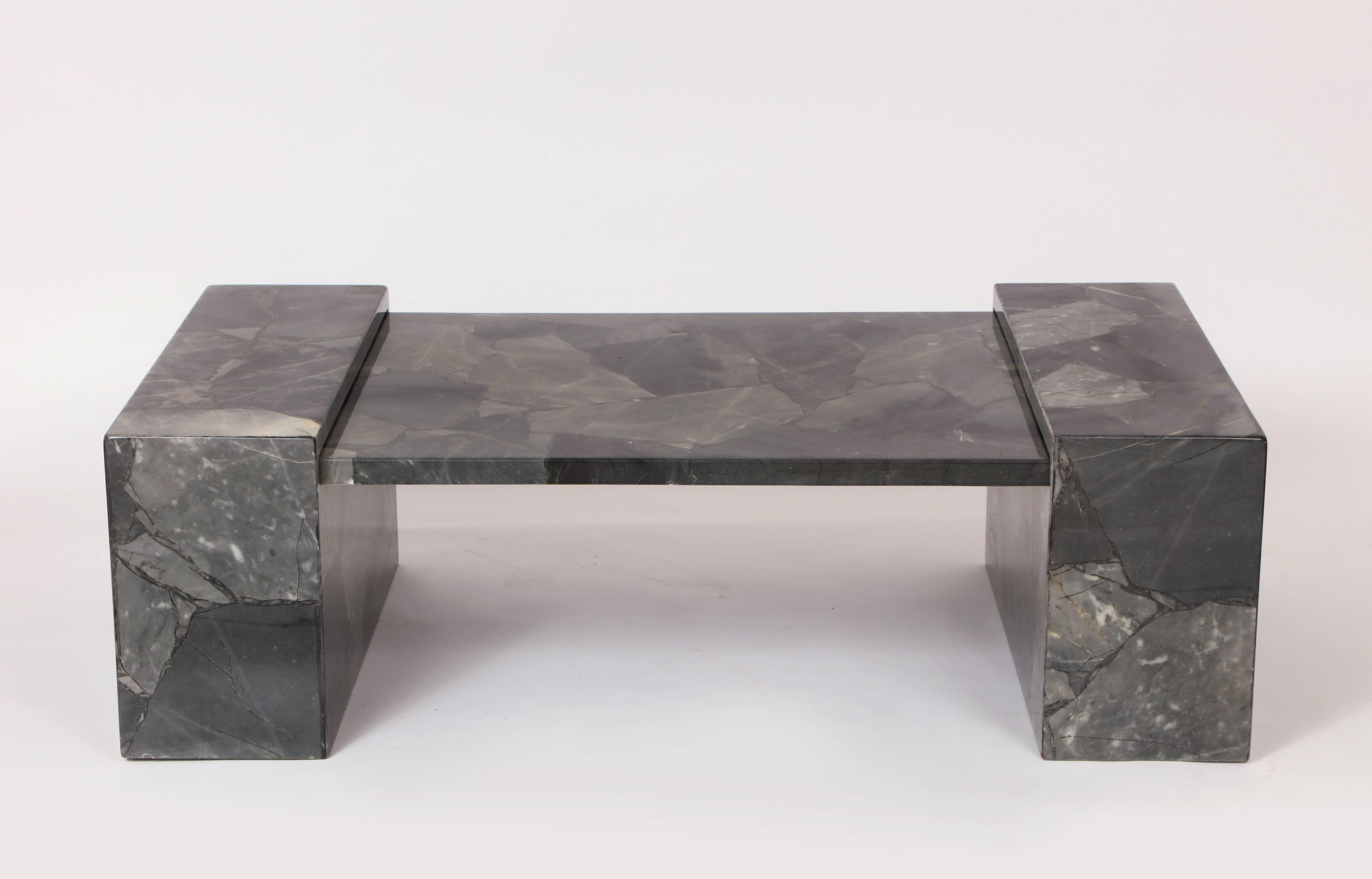 Muller faux marble stone coffee table hand-painted grey black, Mexico, 1970.

Heavy hand-painted faux marble table. Incredible workmanship.
Comes apart in three pieces. Signed by Artisan.
Measures:
48 inches wide.
27 inches deep.
16 inches