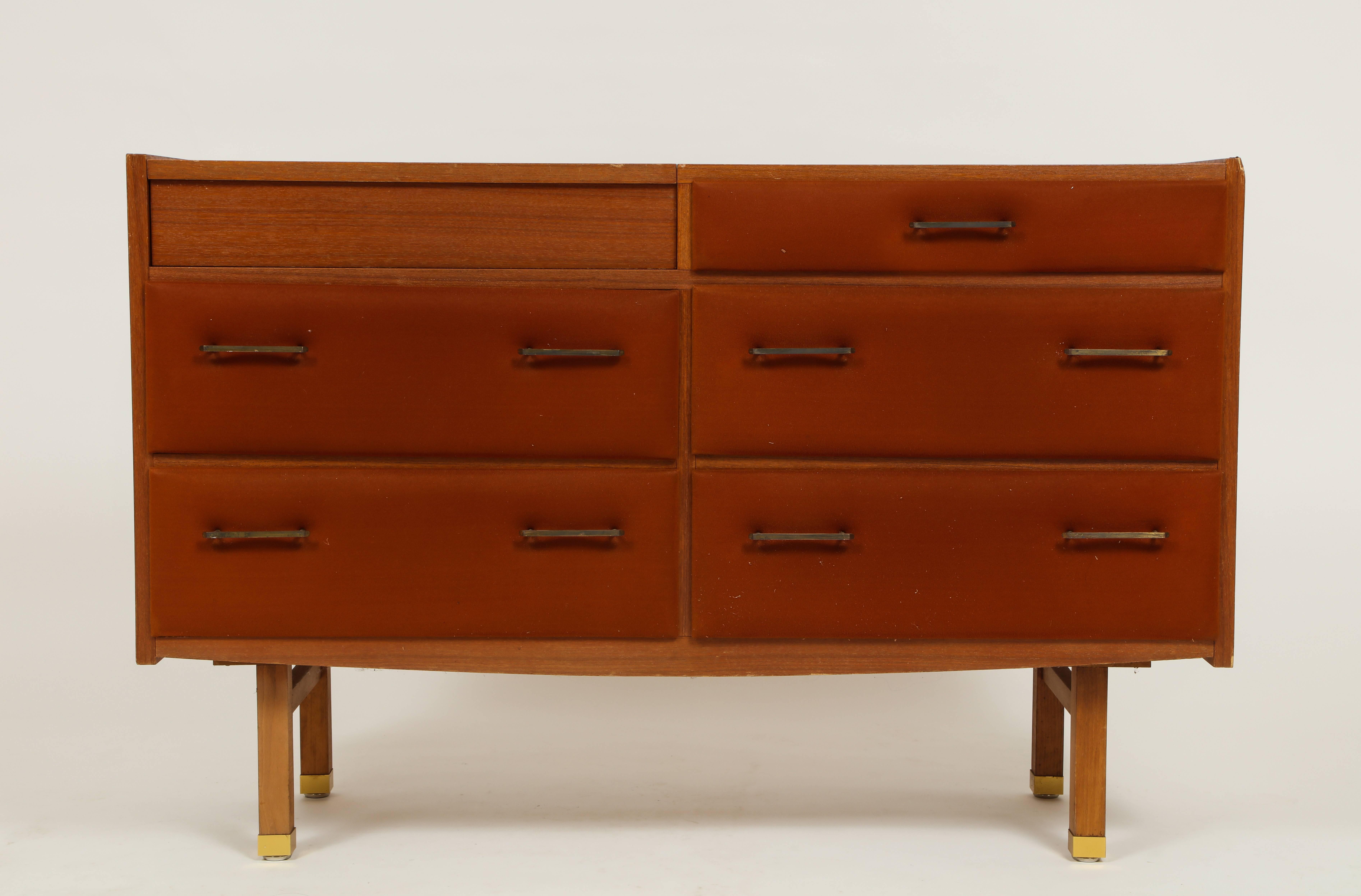 Roger Landault midcentury rust teak brass vanity commode French modernist, 1960s 

The front drawers are upholstered in a velour velvet in the same color as the wood. The mirror can either stay up or go down.
All handles and details are