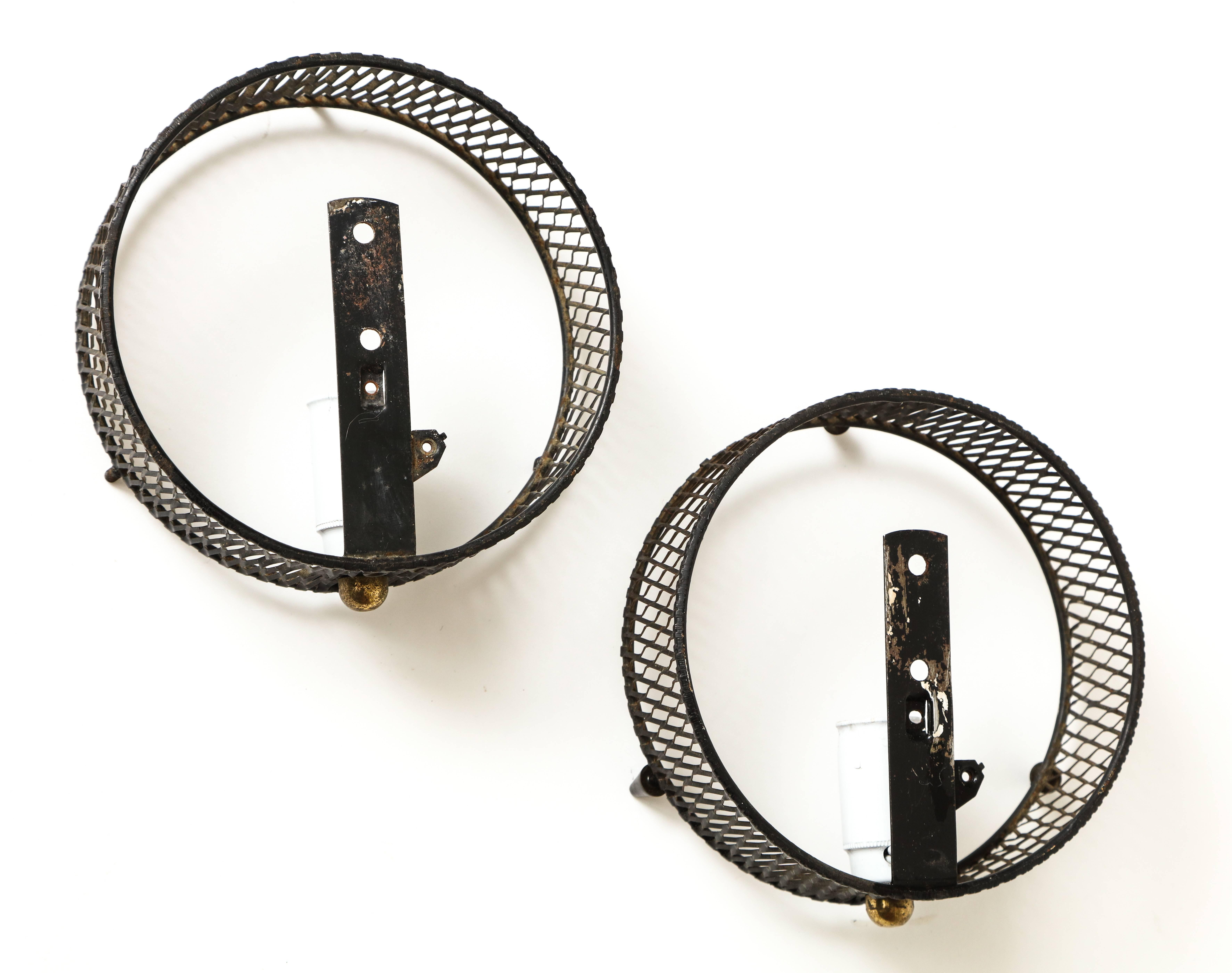 Perforated Jacques Biny Sconces Black, Mid-Century, France, 1950s In Good Condition For Sale In New York, NY