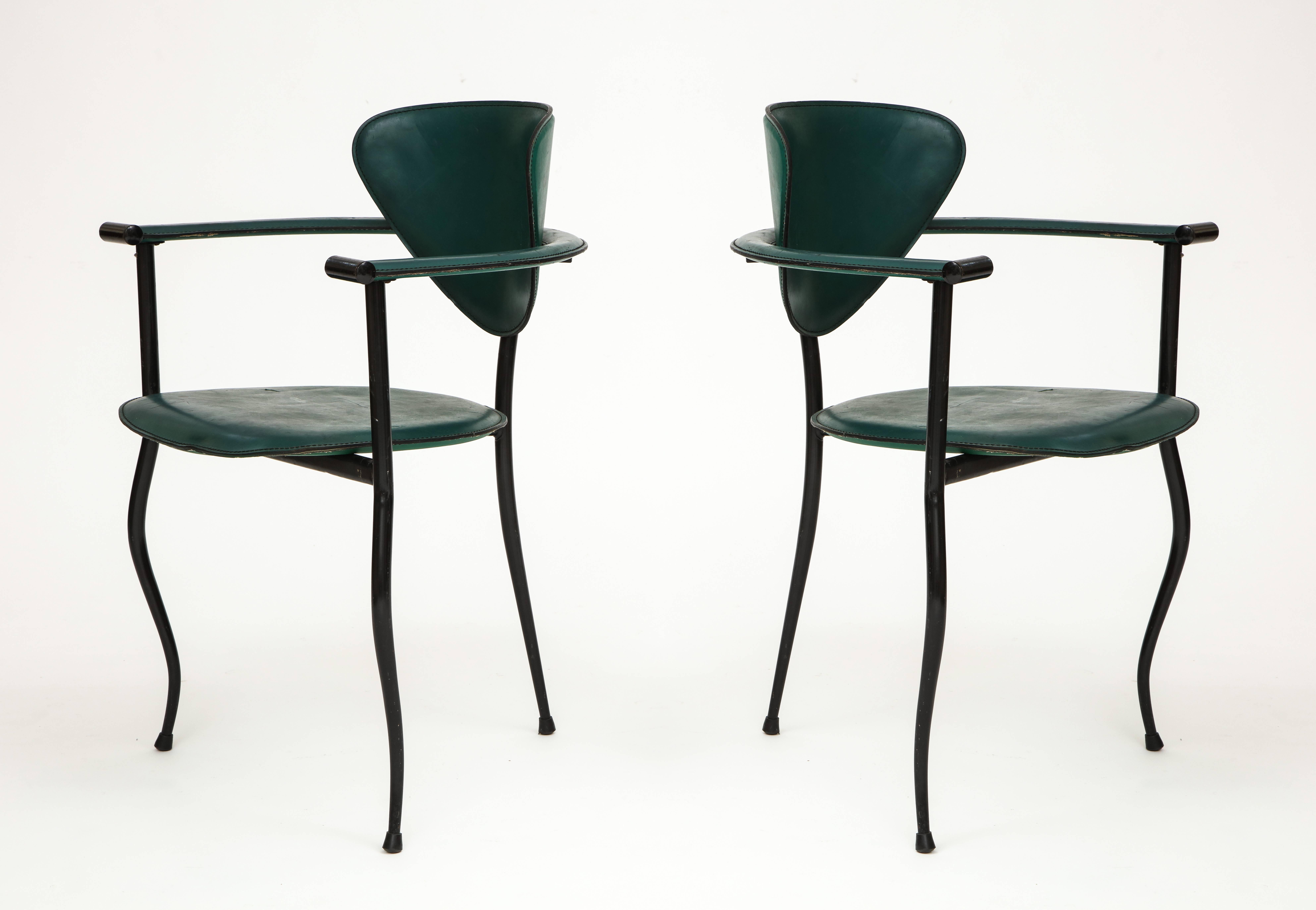 Postmodern Sculptural Green Leather and Iron Side Chairs 1980's, 1990's

Postmodern side chairs that are very unusual. Believed to be from 1980's.
Imported from France.


.