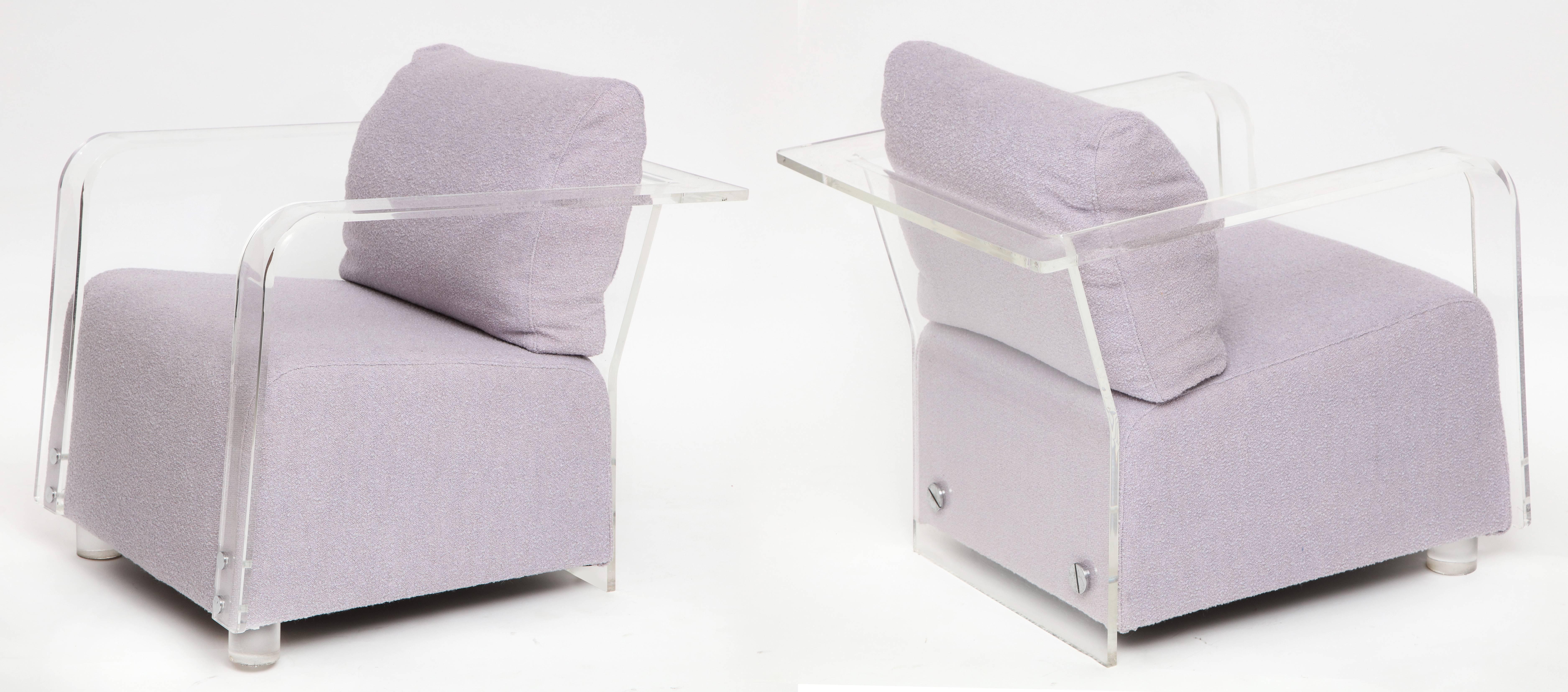 Mid-Century Modern Sculptural Lucite Lavender Boucle Pair of Lounge Chairs Chrome Detail, France