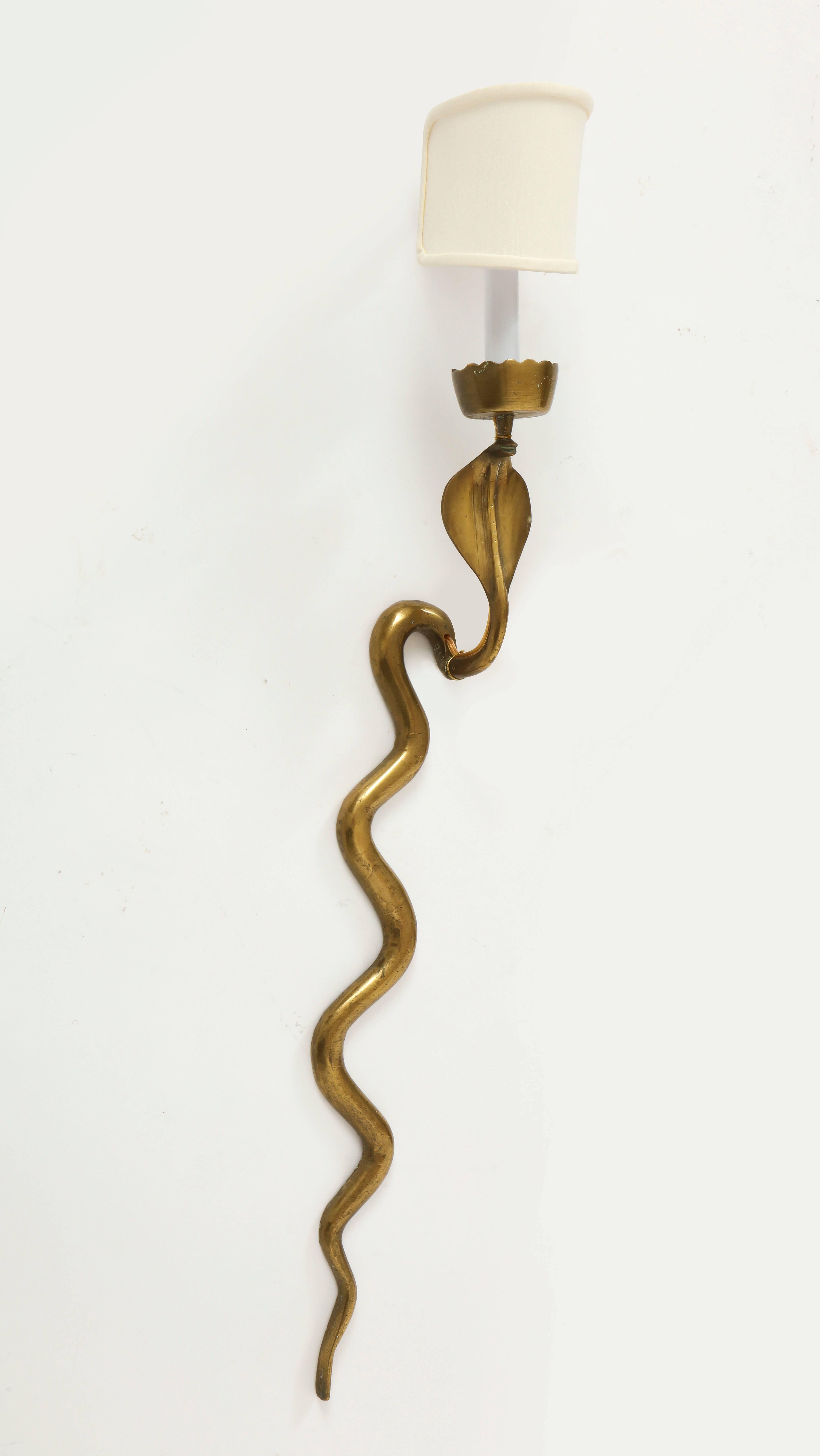 French Bronze Cobra Snake Sconces with Silk Shade Midcentury, 1970, France