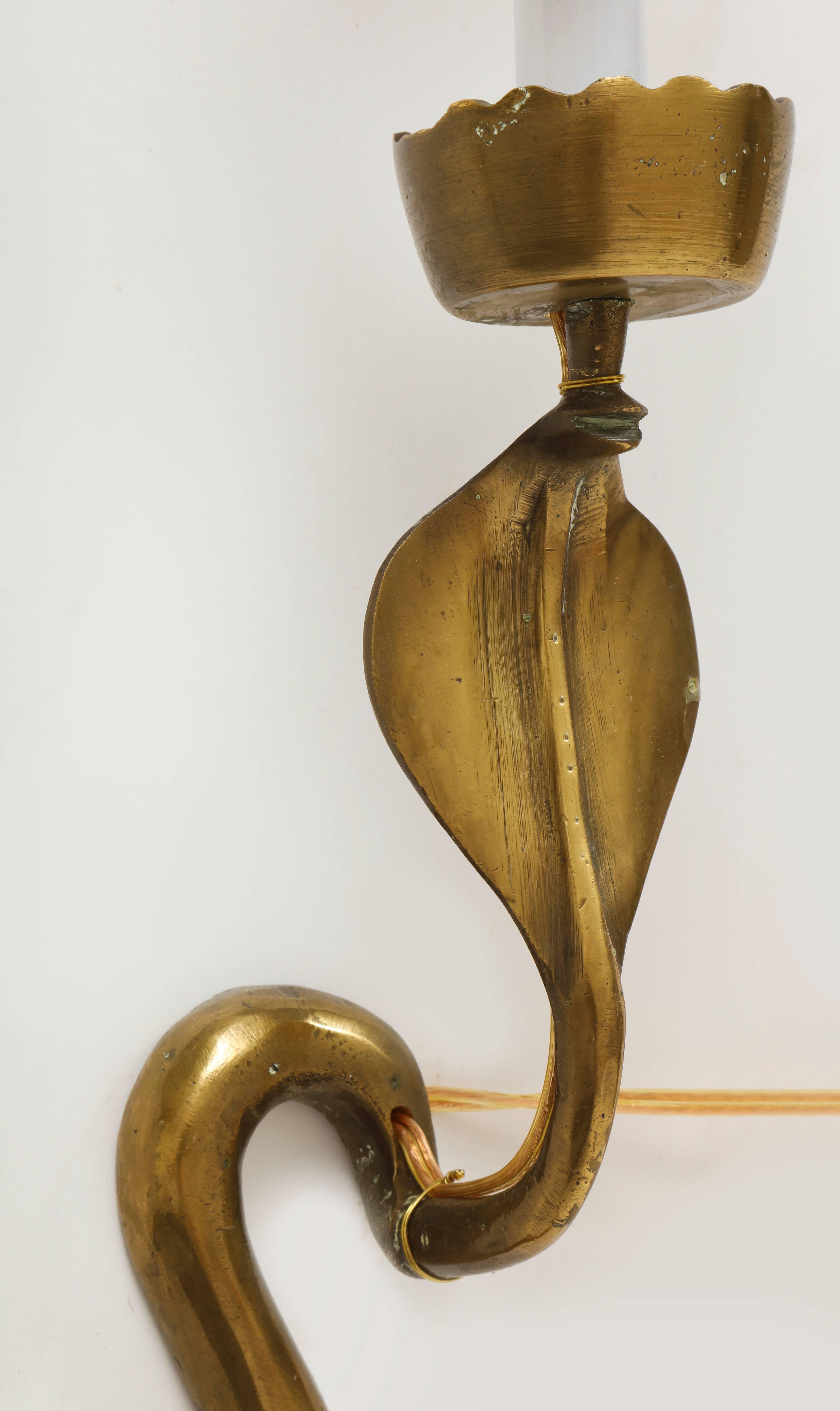 20th Century Bronze Cobra Snake Sconces with Silk Shade Midcentury, 1970, France