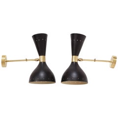 Stilnovo Style Diablo Brass Black Midcentury Italian Wall Light Sconces, 1950