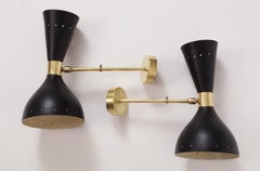 Stilnovo Style Diablo Brass Black Midcentury Italian Wall Light Sconces, 1950