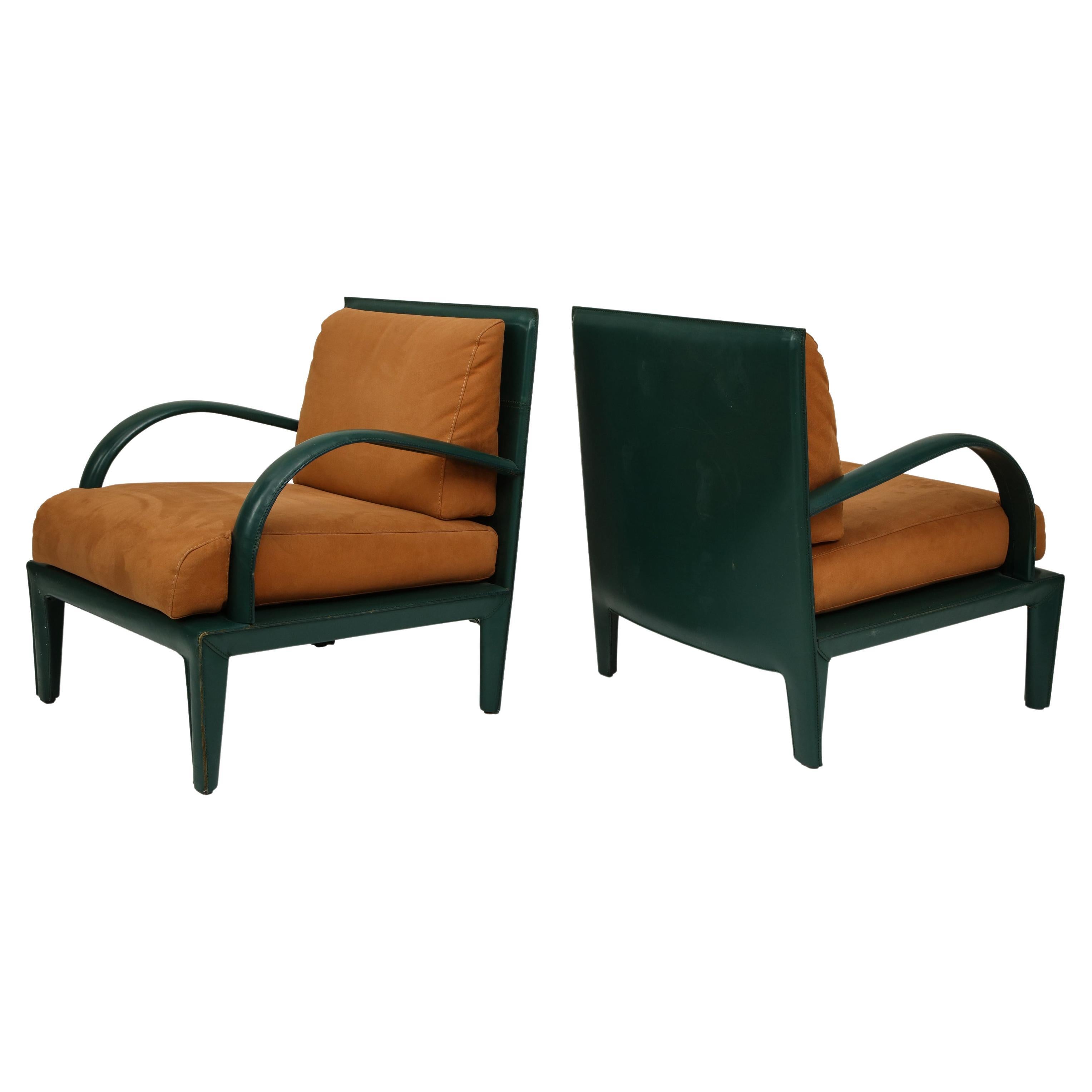 Hermes Inspired Saddle Stitched Brown Green Leather Lounge Chairs, 1980s, France For Sale