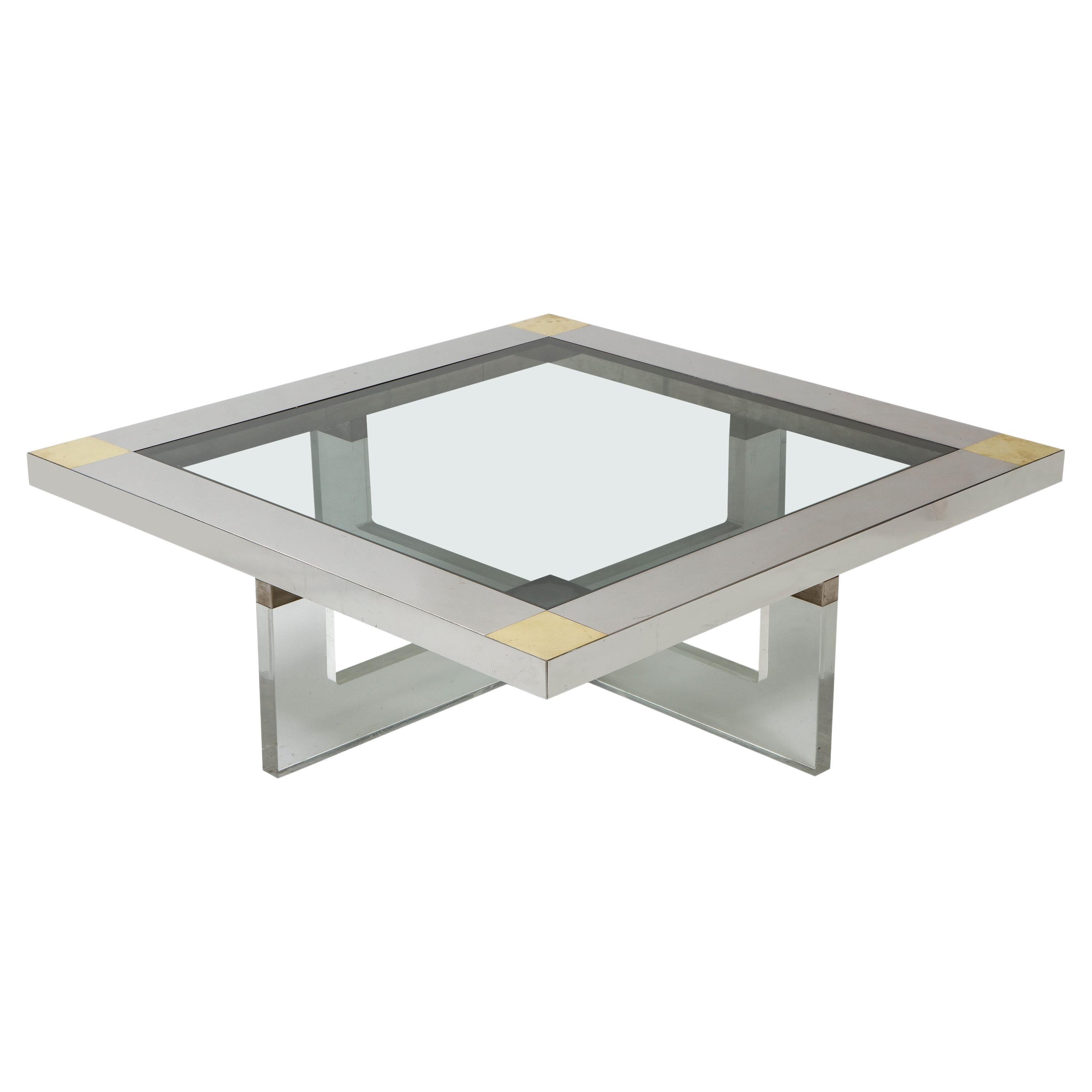 Monumentaler quadratischer Couchtisch aus Chrom, Messing und Plexiglas, 1970er Jahre, Italien im Angebot
