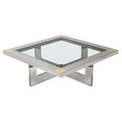 Monumentaler quadratischer Couchtisch aus Chrom, Messing und Plexiglas, 1970er Jahre, Italien