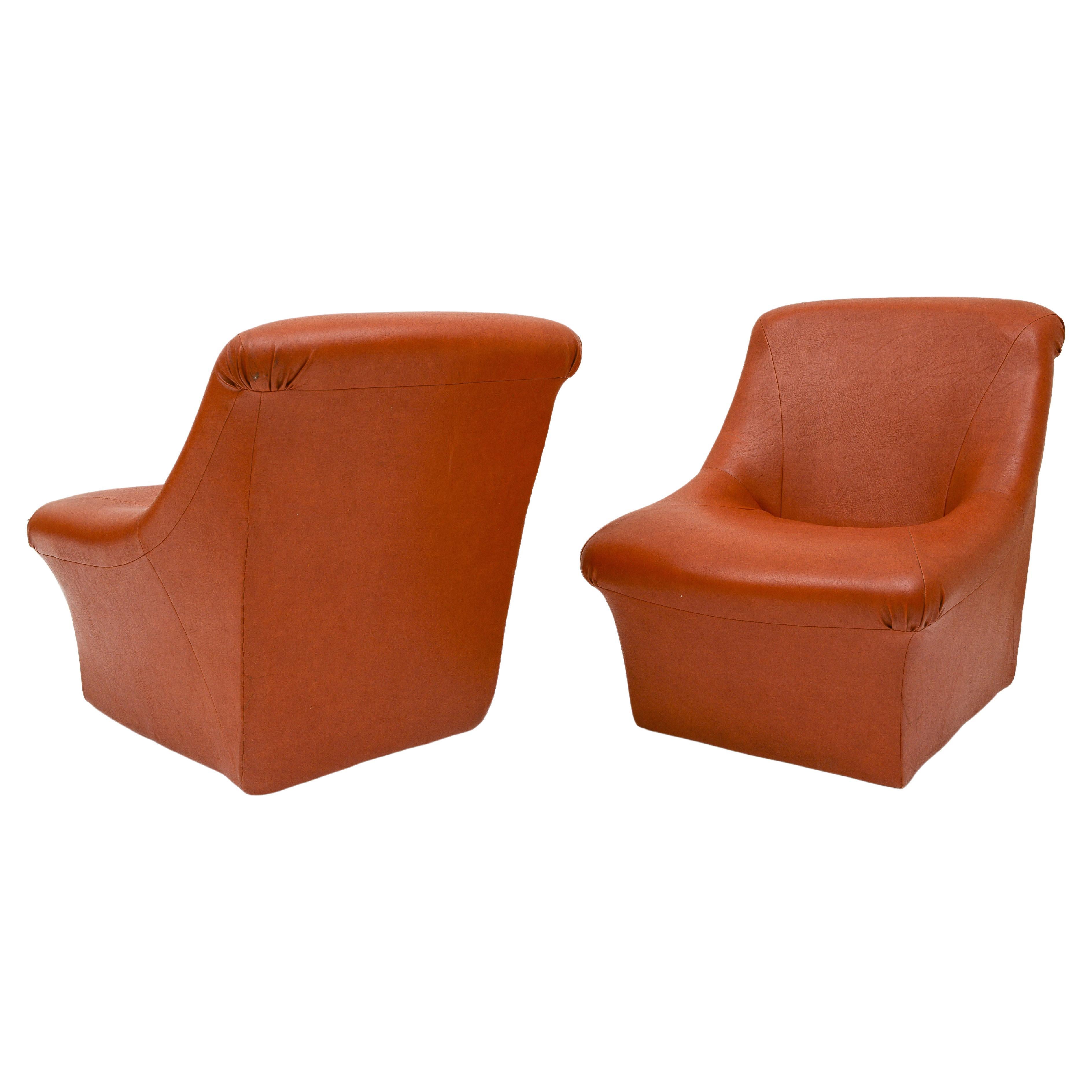70's Brown Cognac Leatherette Pair of Chairs