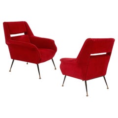 Red Velvet Gigi Radice Minotti Pair of Lounge Chairs, Italy, 1950s