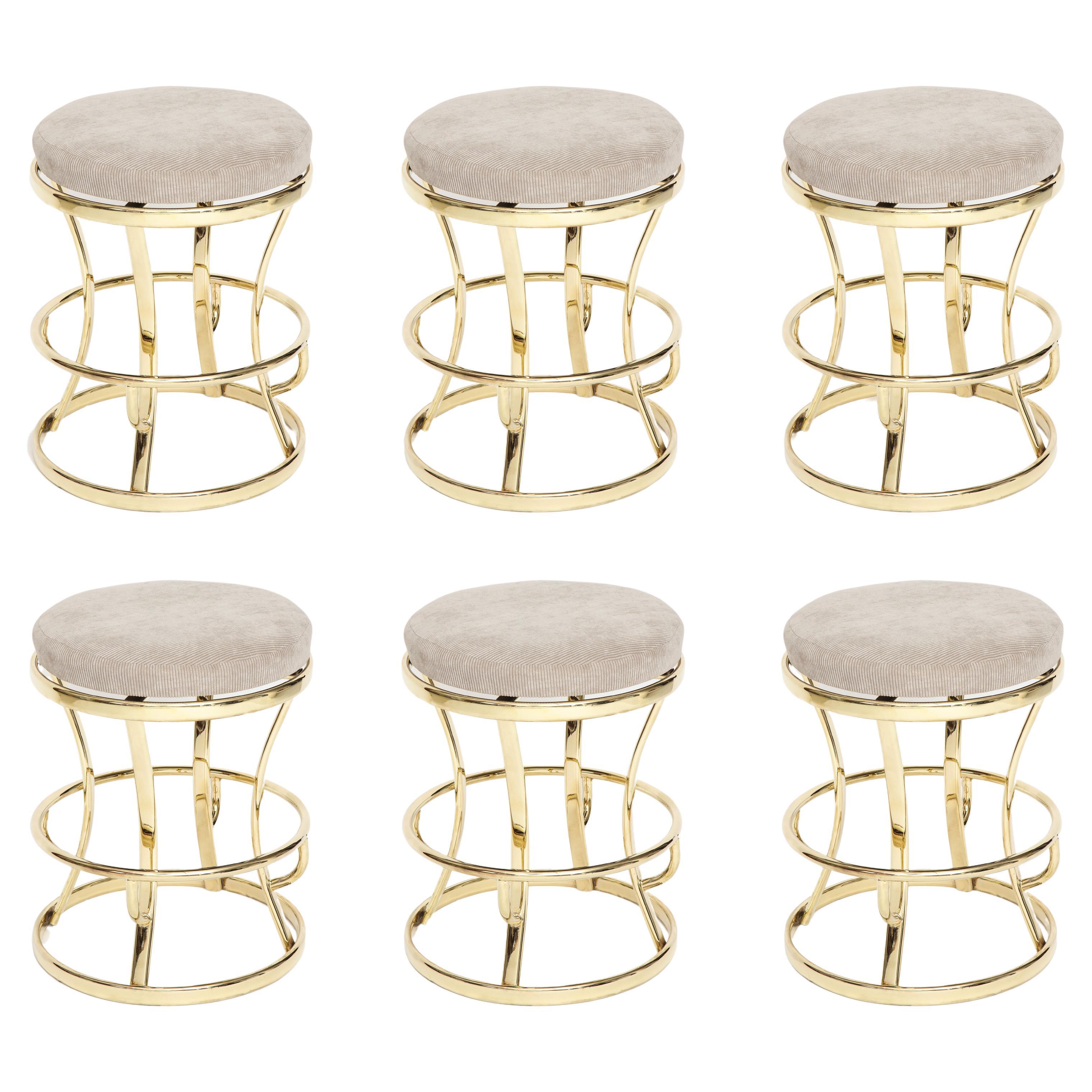 Four Glamorous Brass and Grey Barstools, Midcentury, France, 1970s For Sale