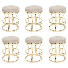 Four Glamorous Brass and Grey Barstools, Midcentury, France, 1970s