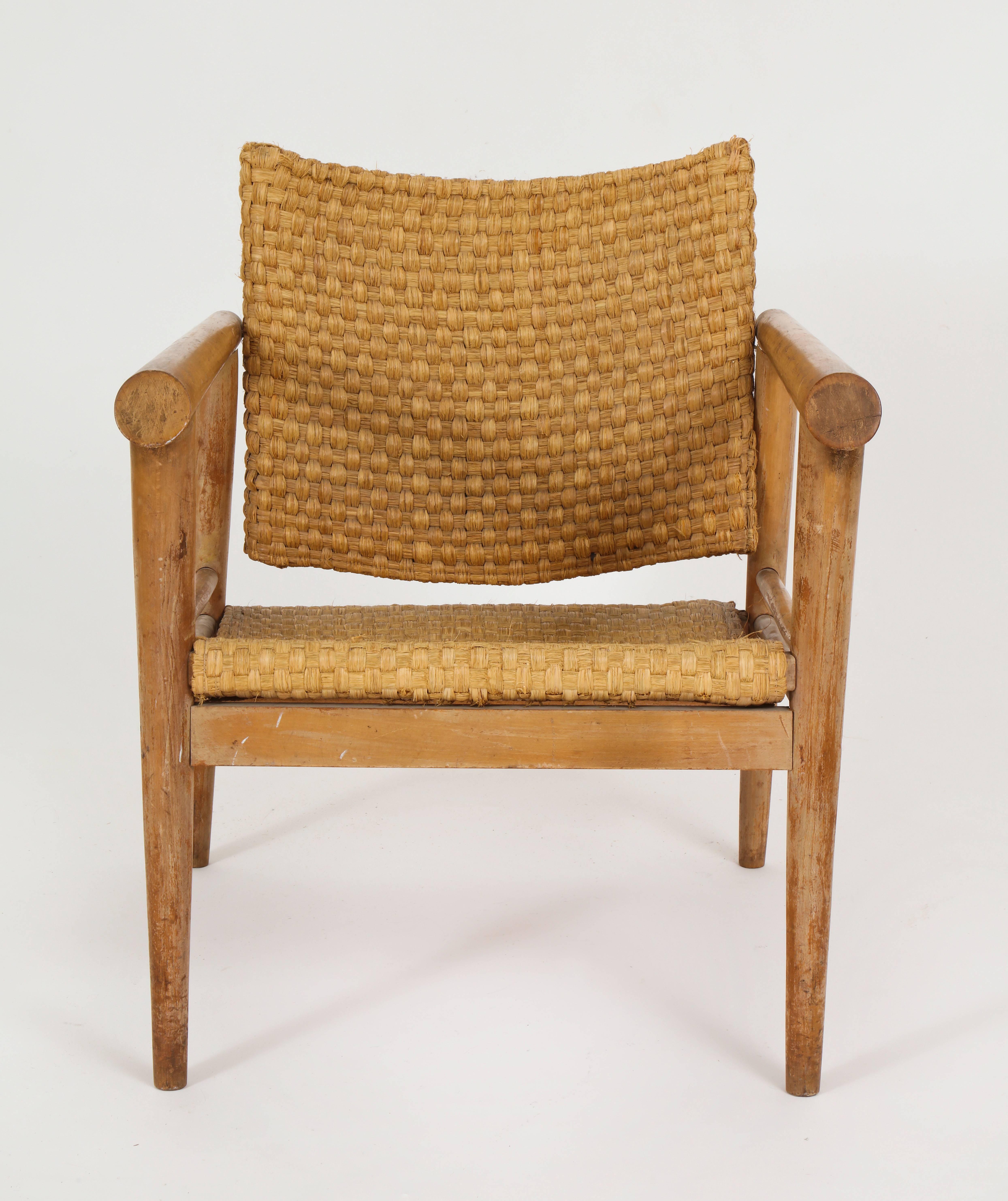 Mid-Century Modern Chaise en jonc tissé en osier de paille de style Jean Michel Frank mi-siècle, 1930, France en vente