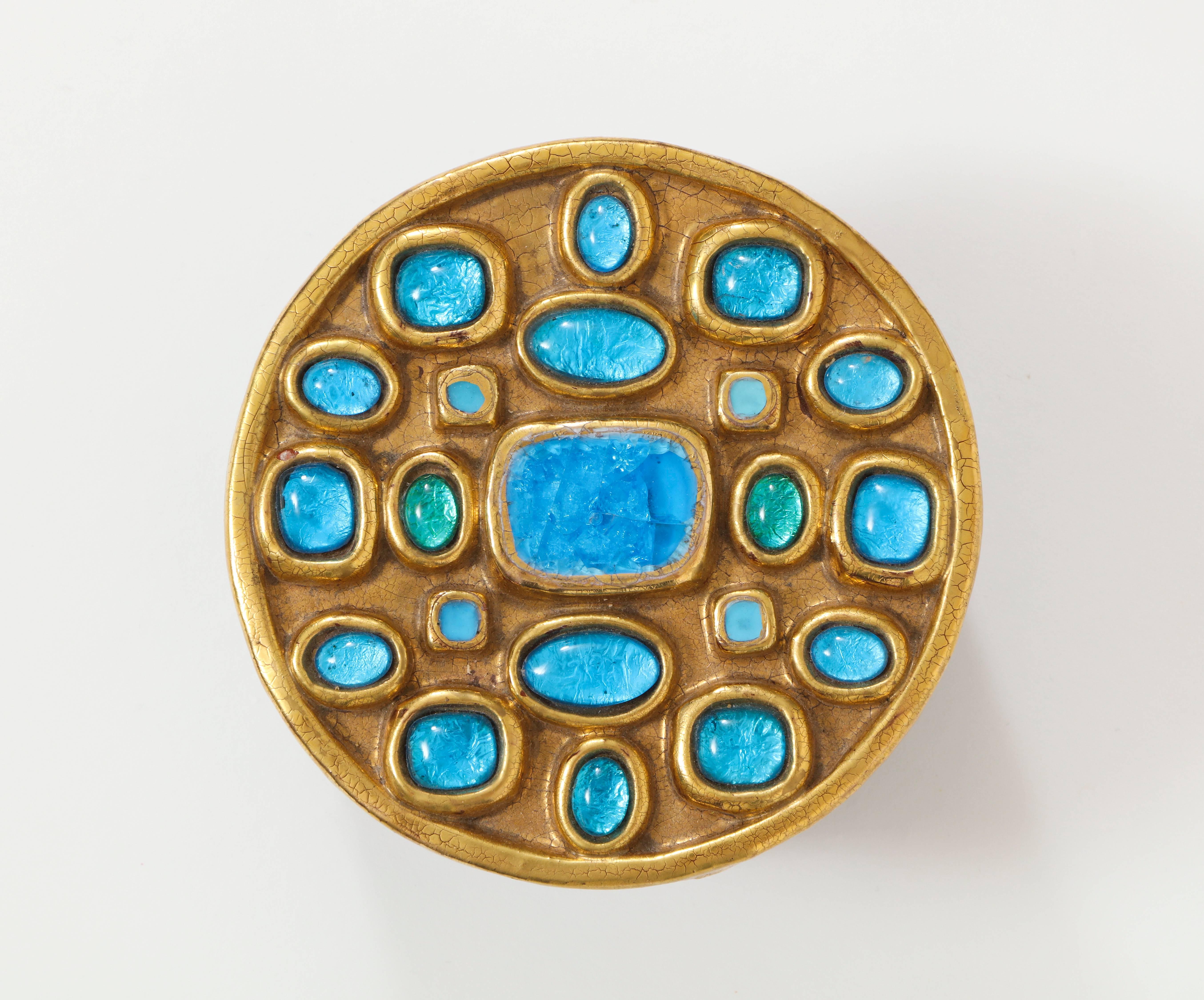 Mid-Century Modern Lembo Attributed Ceramic Jewel Box Gold Enamel Blue Stones, France, 1960, 1970