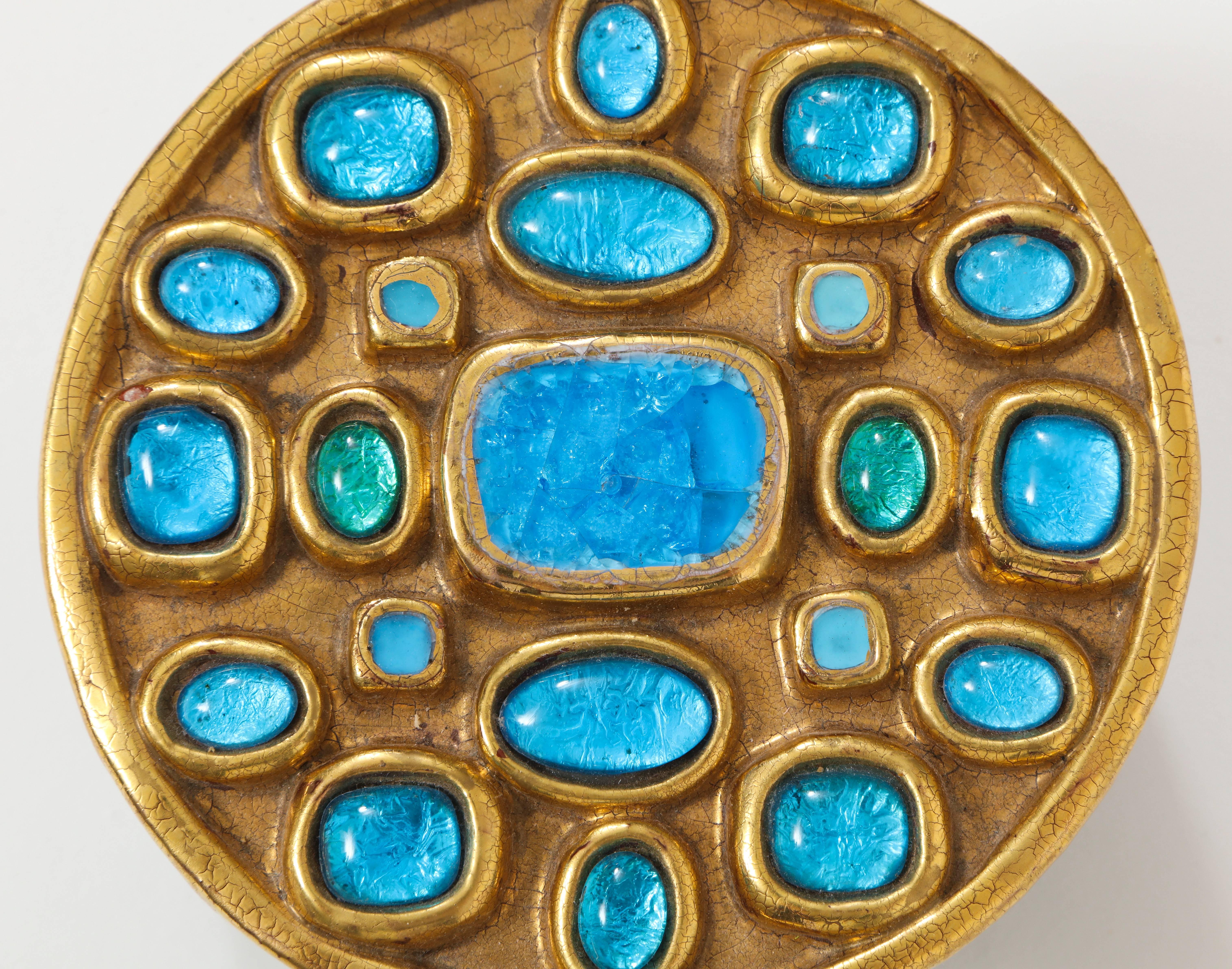 Lembo Attributed Ceramic Jewel Box Gold Enamel Blue Stones, France, 1960, 1970
This is a beautiful box that is made in the 1960s, France
attributed to Francois Lembo.
The bottom is made of wood and the top is glazed ceramic with gold enamel and