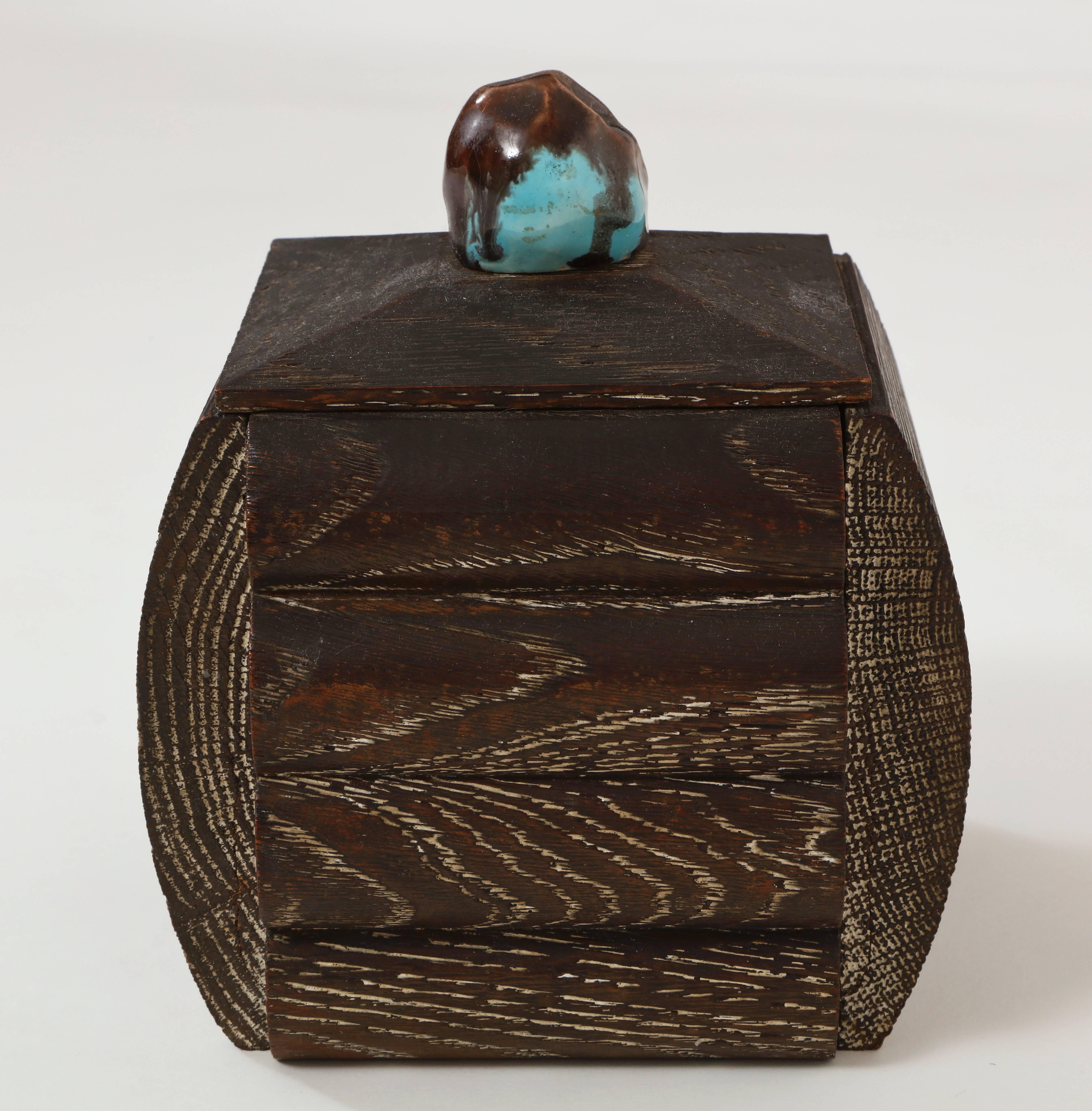 Cerused Oak Box French Deco with Ceramic Top, Mid Century, 1940

Beautiful box with a ceramic top on lid, great condition.
Ceramic blue brown top.