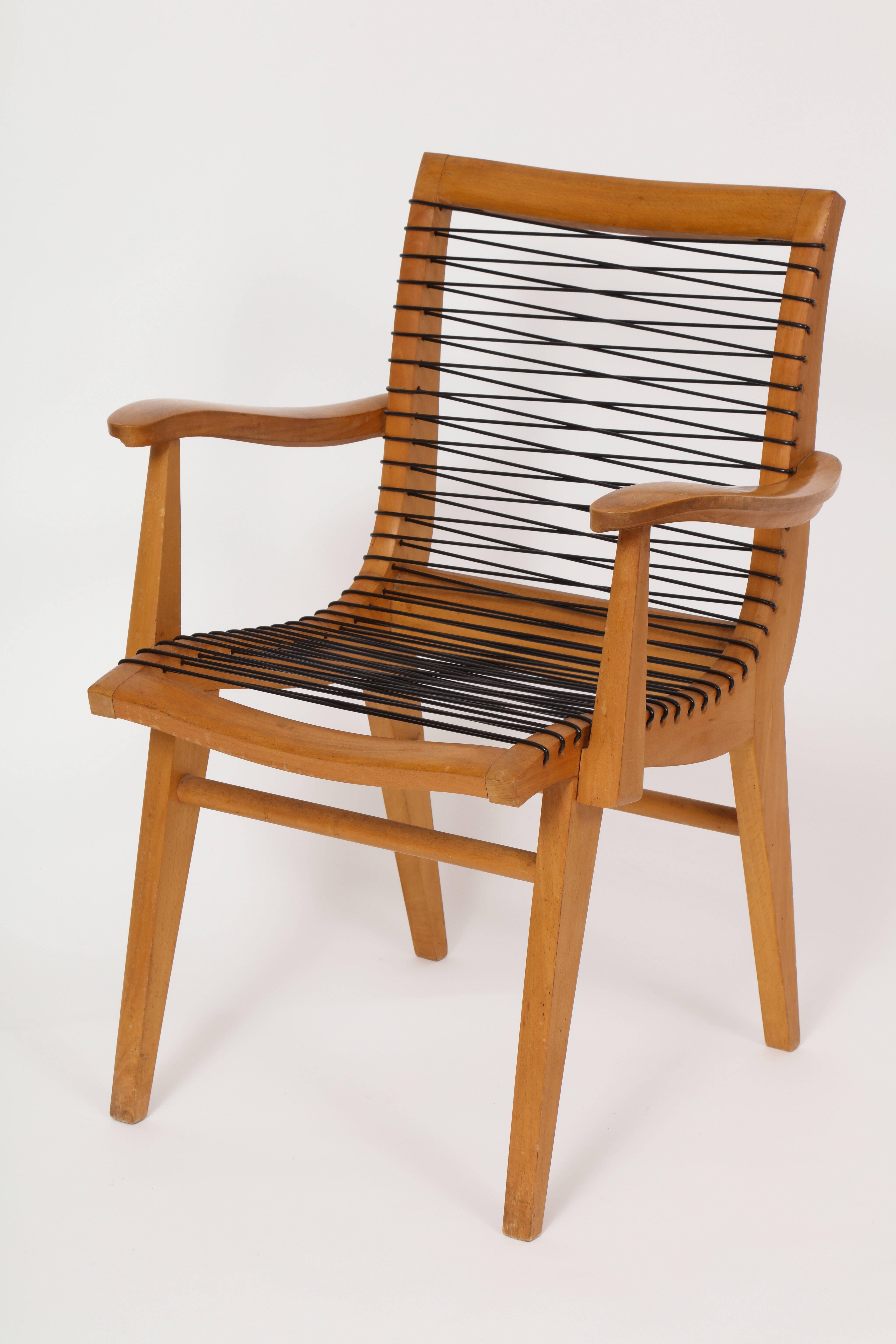 Mid-Century Modern Louis Sognot Sculptural Wood French Mid Century Dining Office Chairs, 1950