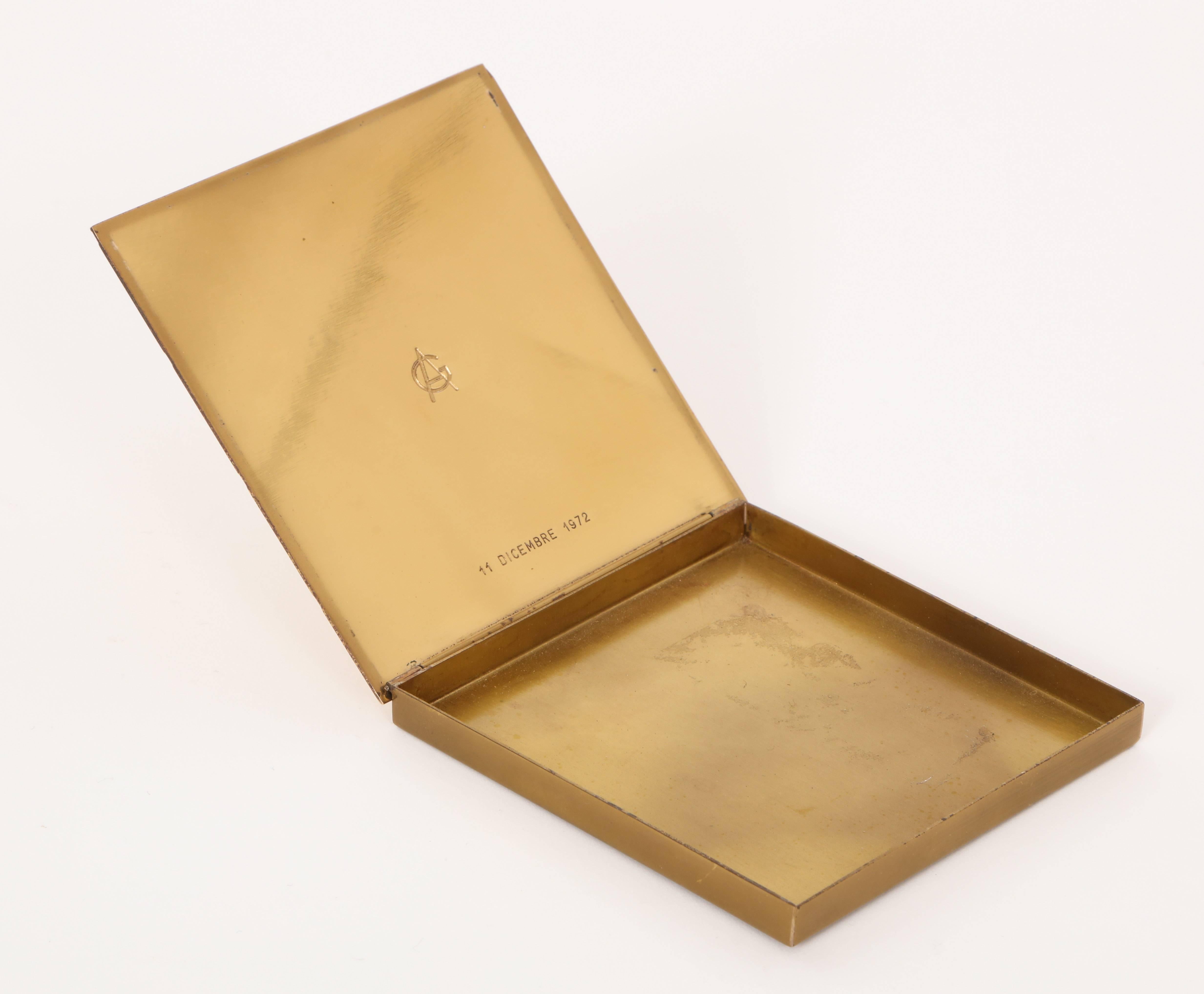 Gabriella Crespi brass pill cigarette card box Italian, 1970s

Measures: 4.4 inches wide on each side
0.3 inches deep

Born in 1922, Gabriella Crespi studies architecture at the Politecnico in Milan, where her work is permeated by her