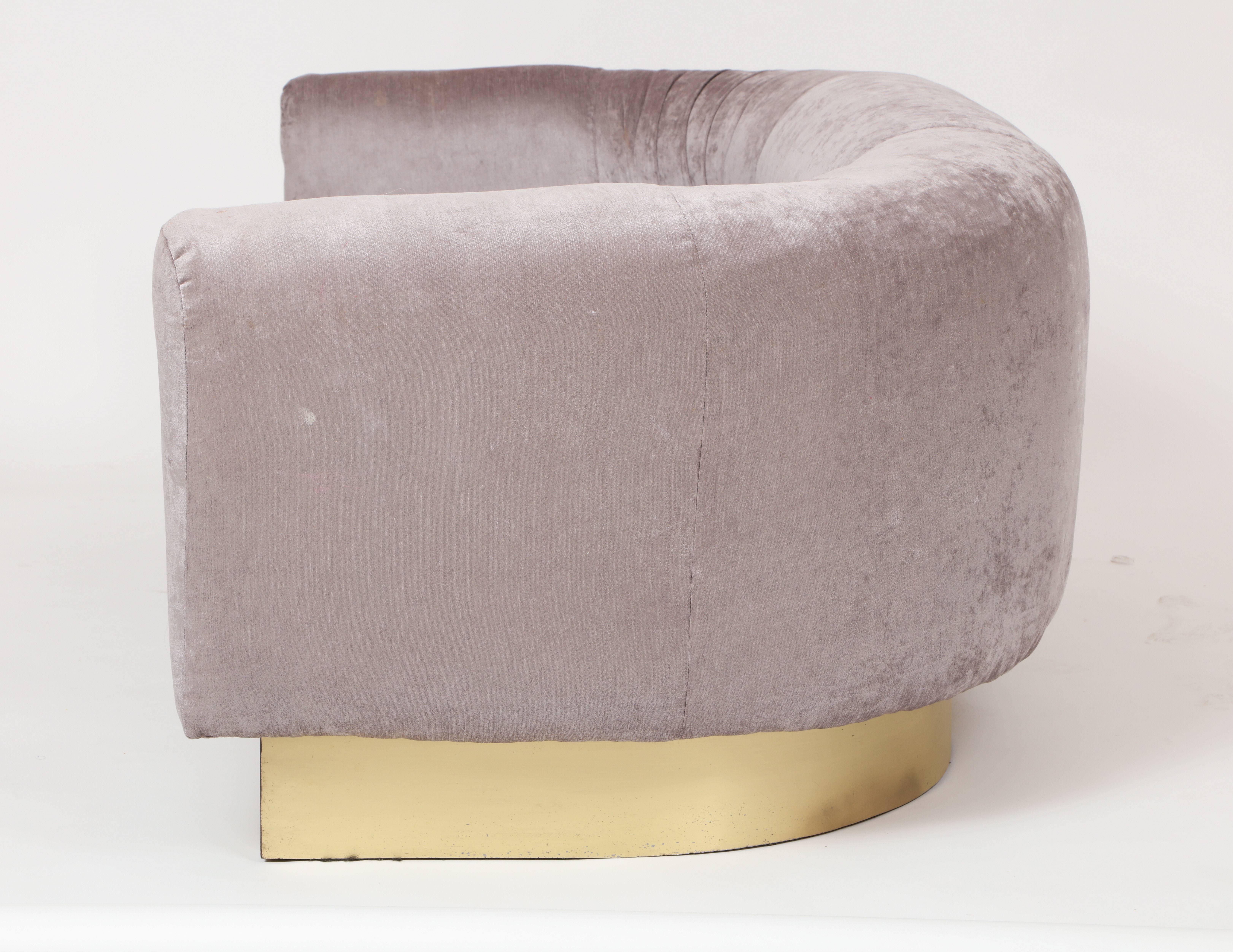 American Milo Baughman Thayer Coggin Attributed Velvet Grey Settee Sofa Brass Plinth