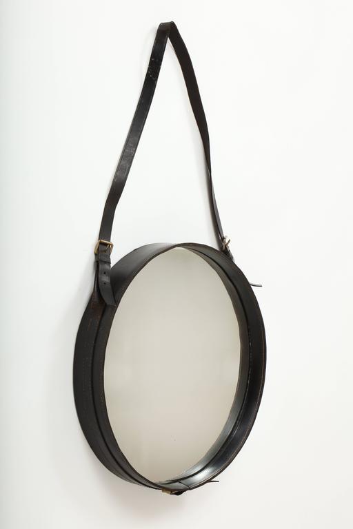 Authentic Mid Century Jacques Adnet Leather Round Wall Mirror Black Authentic Mid Century Jacques Adnet Leather Round Wall Mirror Black 1950 Iconic Design With