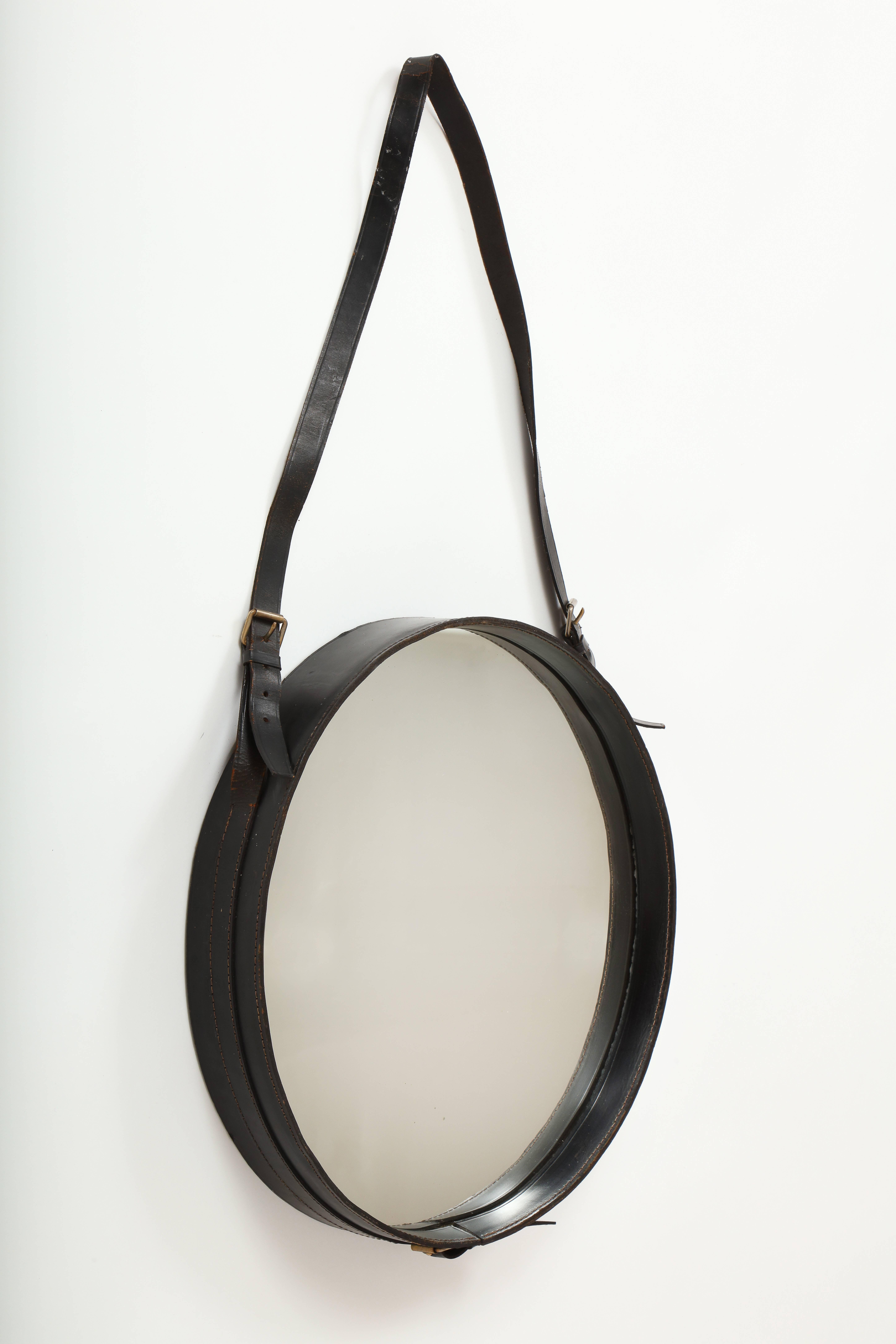 Mid-Century Modern Authentic Mid Century Jacques Adnet Leather Round Wall Mirror Black 1950 