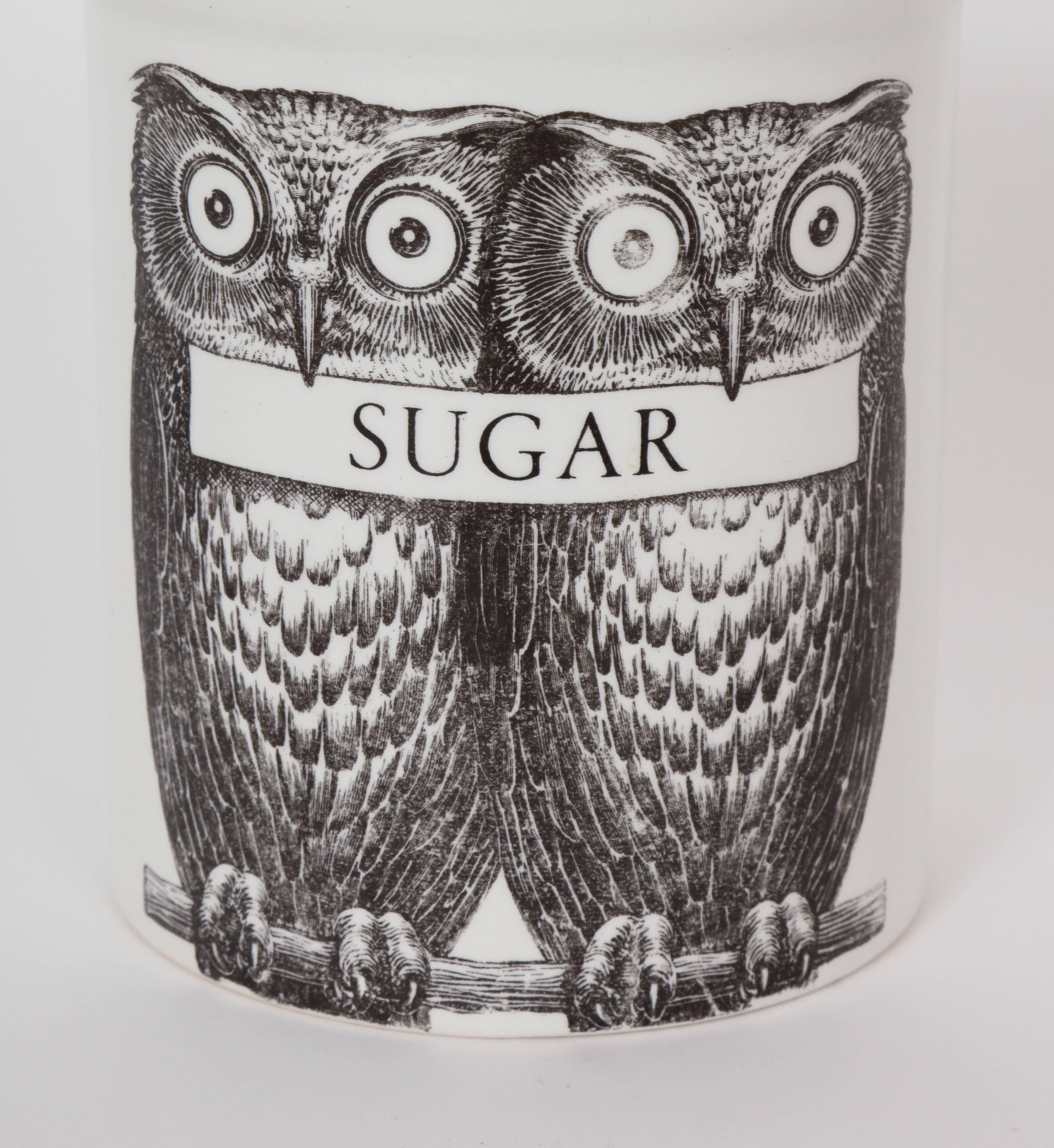 Mid-Century Modern Fornasetti Porcelain Owl Canisters Tea and Sugar, Mid Century 1950